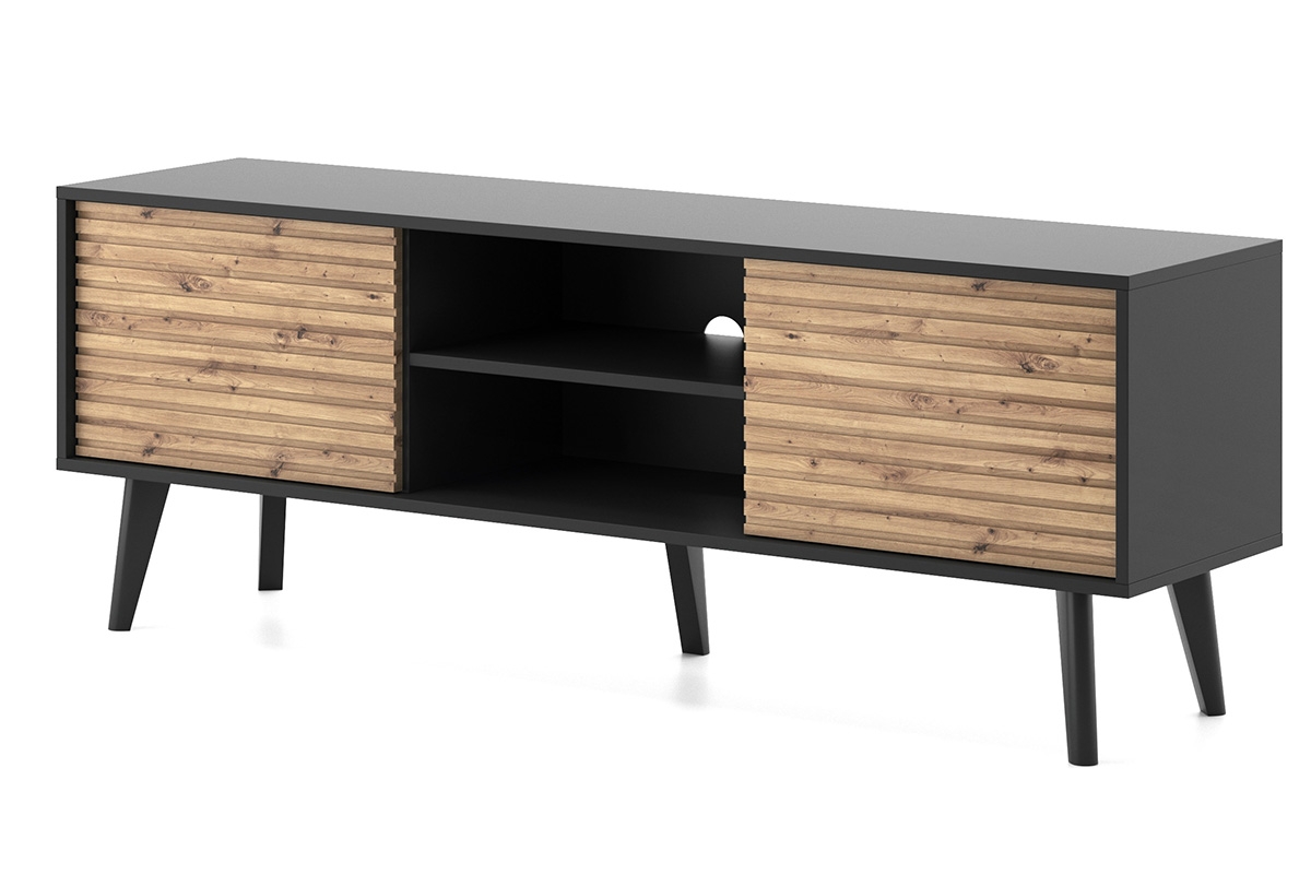 TV stolík Elemoz 154 cm s frézovaným čelom i otvorenými policami - čierna / artisan TV skrinka Elemoz 154 cm s frézovaným frontom i wnekami - Čierny / artisan