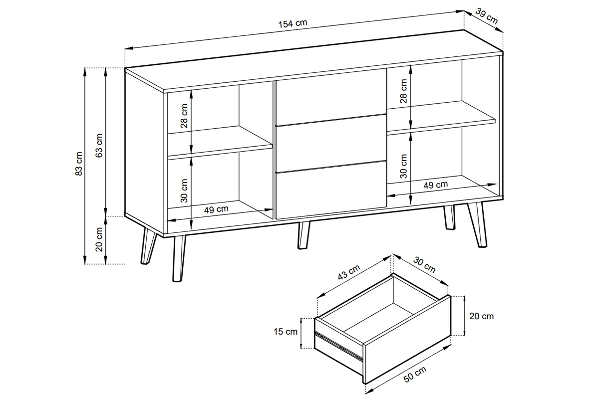 Komoda dvojdverová so zásuvkami Elemoz 154 cm - čierny / Dub artisan Komoda dvojdverová so zásuvkami Elemoz 154 cm - Čierny / Dub artisan - Rozmery
