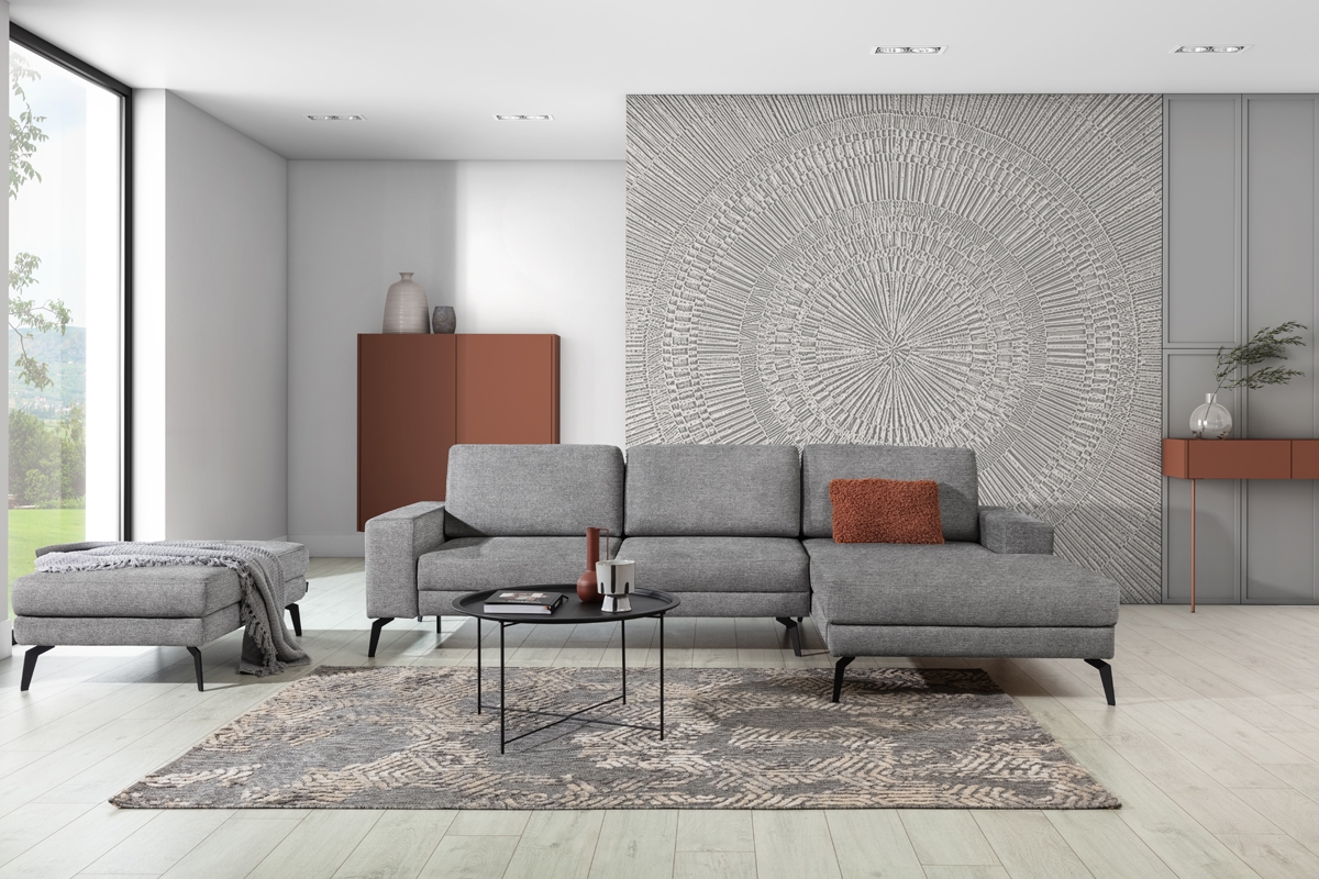 Rohová rozkladacia sedacia súprava Elentio Mini Pravá - sivá tkanina Gemma 85 Rohová sedacia súprava Elentio Mini vizualizácia