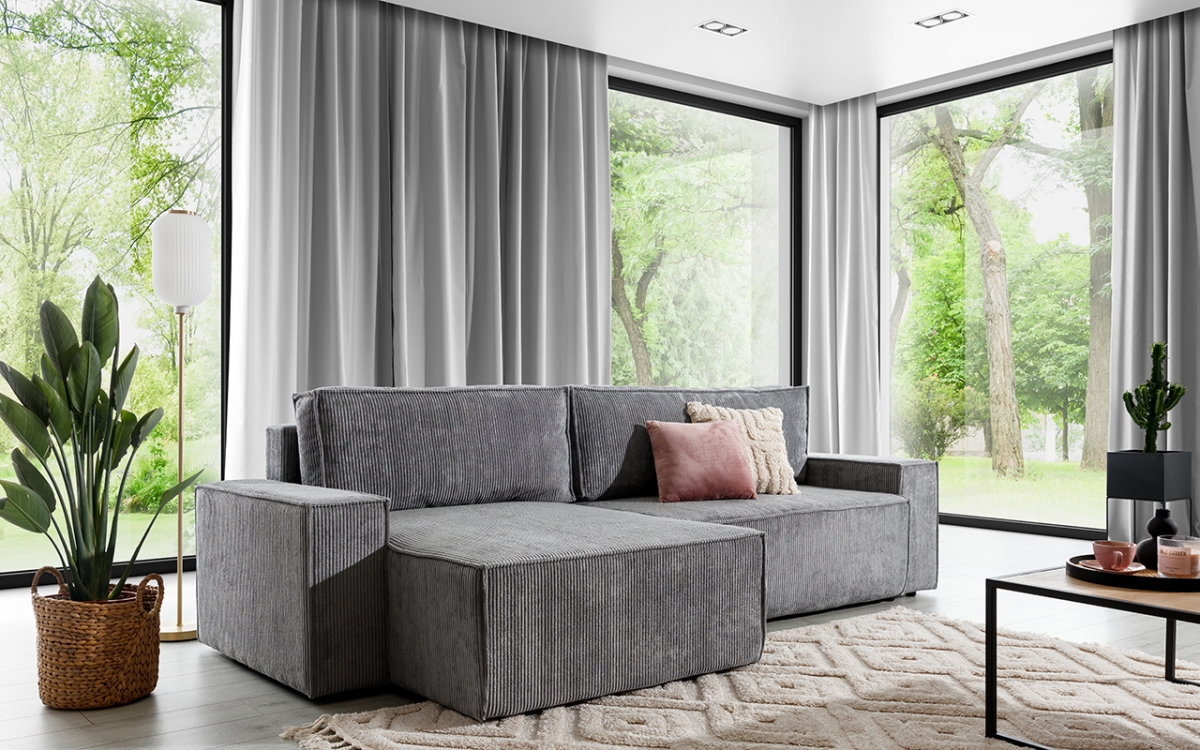 Rohová rozkladacia sedacia súprava Flabio Mini šedý Rohová sedacia súprava w sztruksowej tkaninie do nowoczesnego salonu 