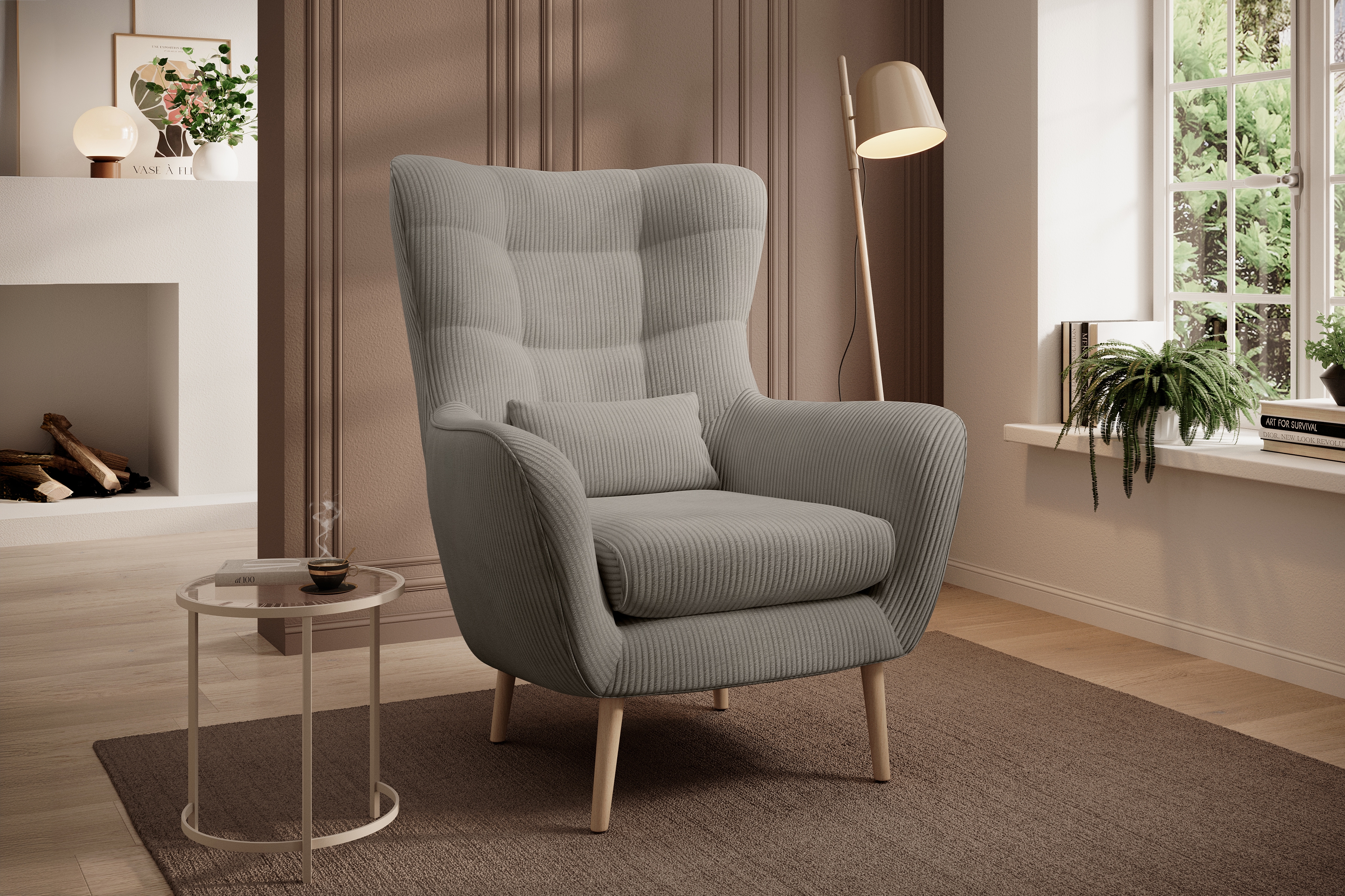 Křeslo ušák Dylian - béžový manšestr Poso 02 / nohy buk Křeslo Ušák Dylian na drewnianych nogach - béžová manšestr Poso 02 / Nohy buk