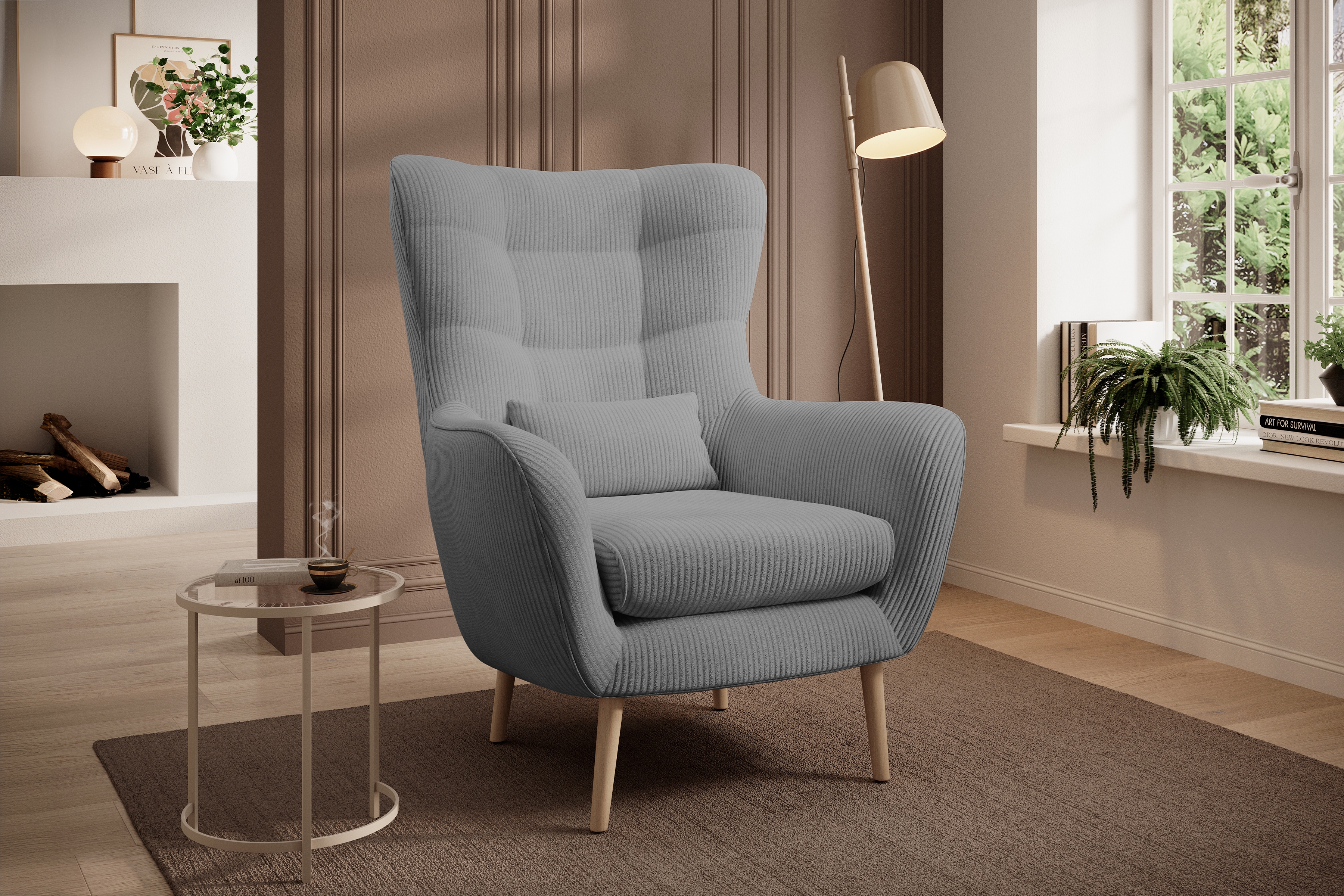 Křeslo ušák Dylian - šedý manšestr Poso 55 / nohy buk Křeslo Ušák Dylian na drewnianych nogach - šedá manšestr Poso 55 / Nohy buk