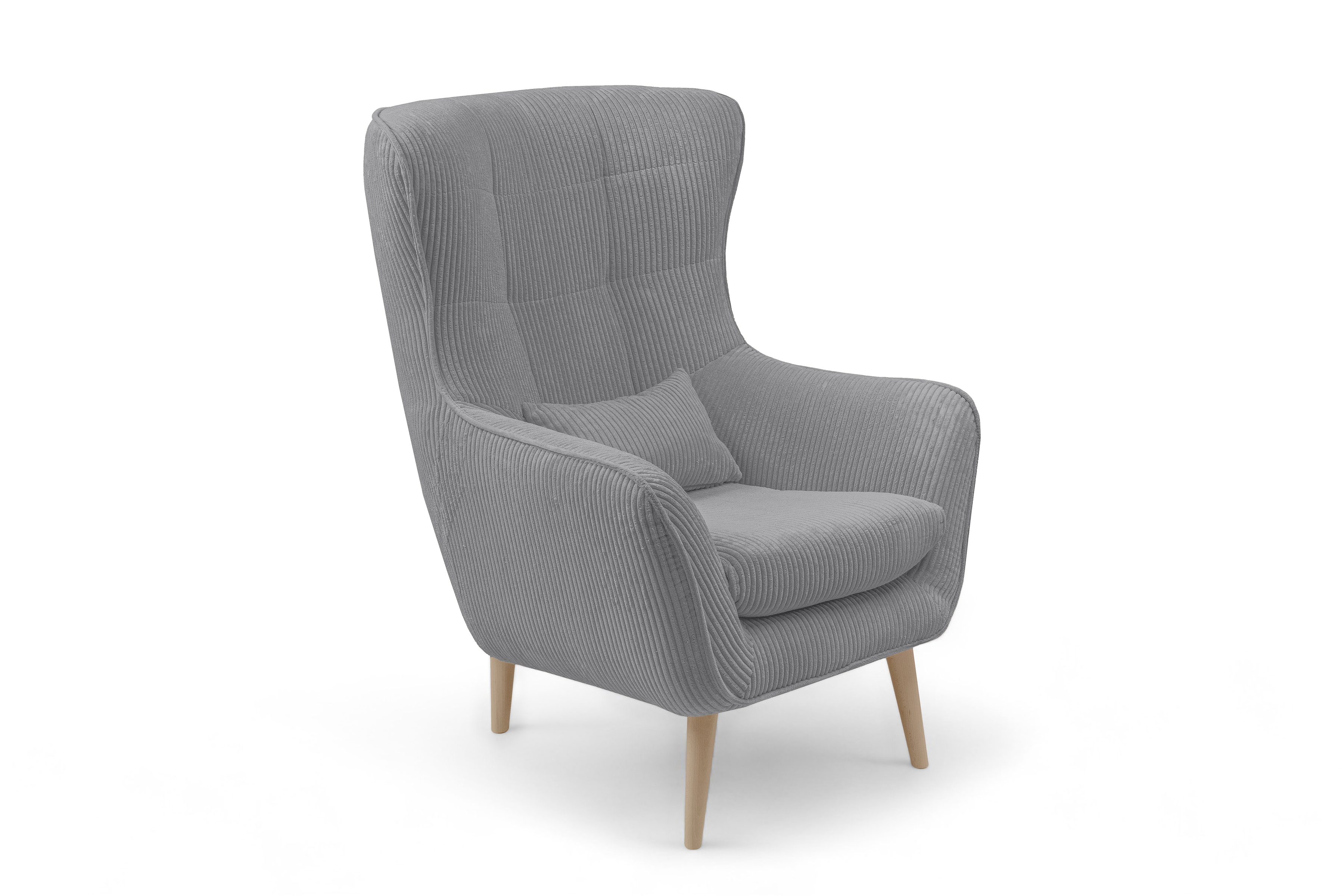 Křeslo ušák Dylian - šedý manšestr Poso 55 / nohy buk Křeslo Ušák Dylian na drewnianych nogach - šedý manšestr Poso 55 / Nohy buk