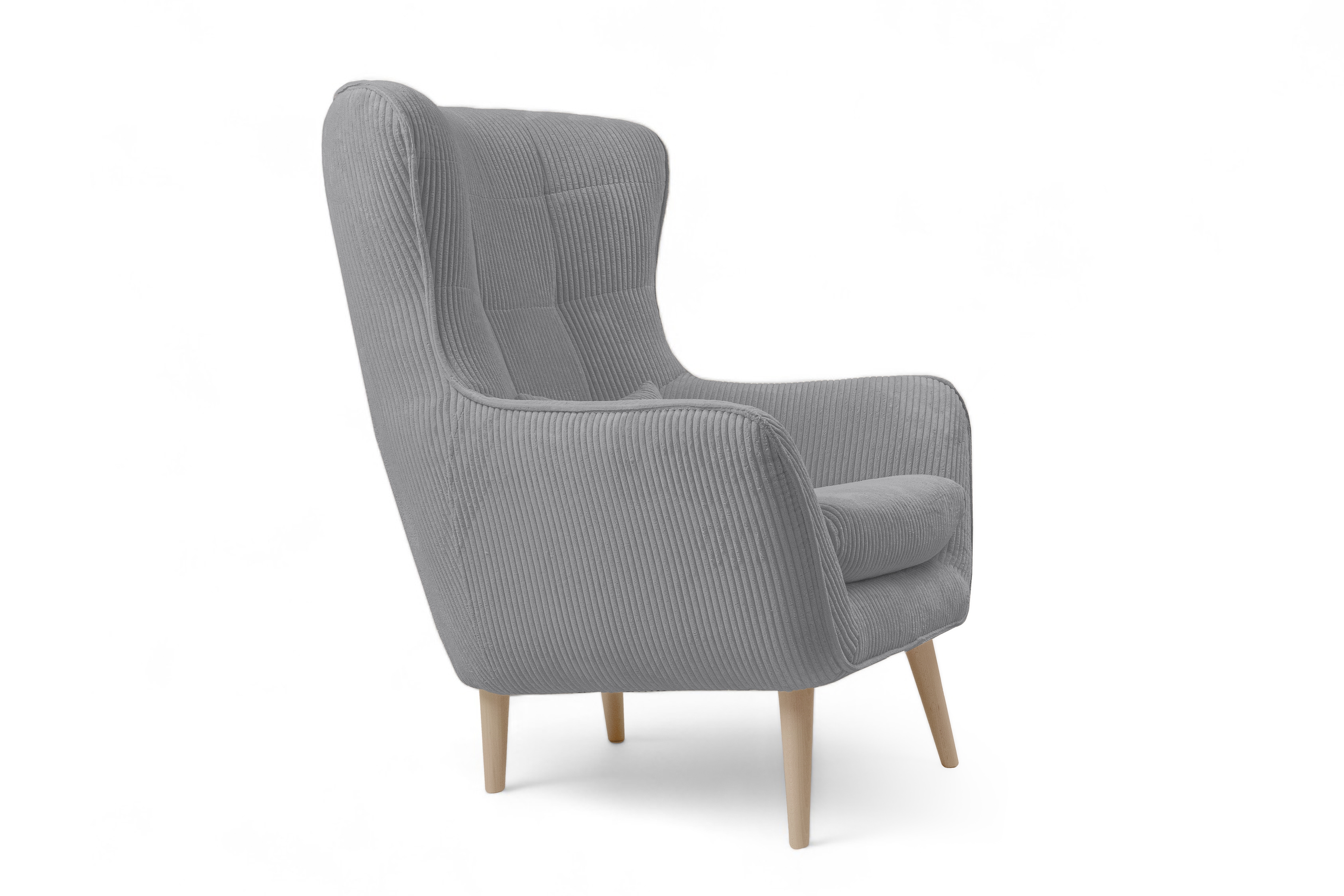 Křeslo ušák Dylian - šedý manšestr Poso 55 / nohy buk Křeslo Ušák Dylian na drewnianych nogach - šedý manšestr Poso 55 / Nohy buk