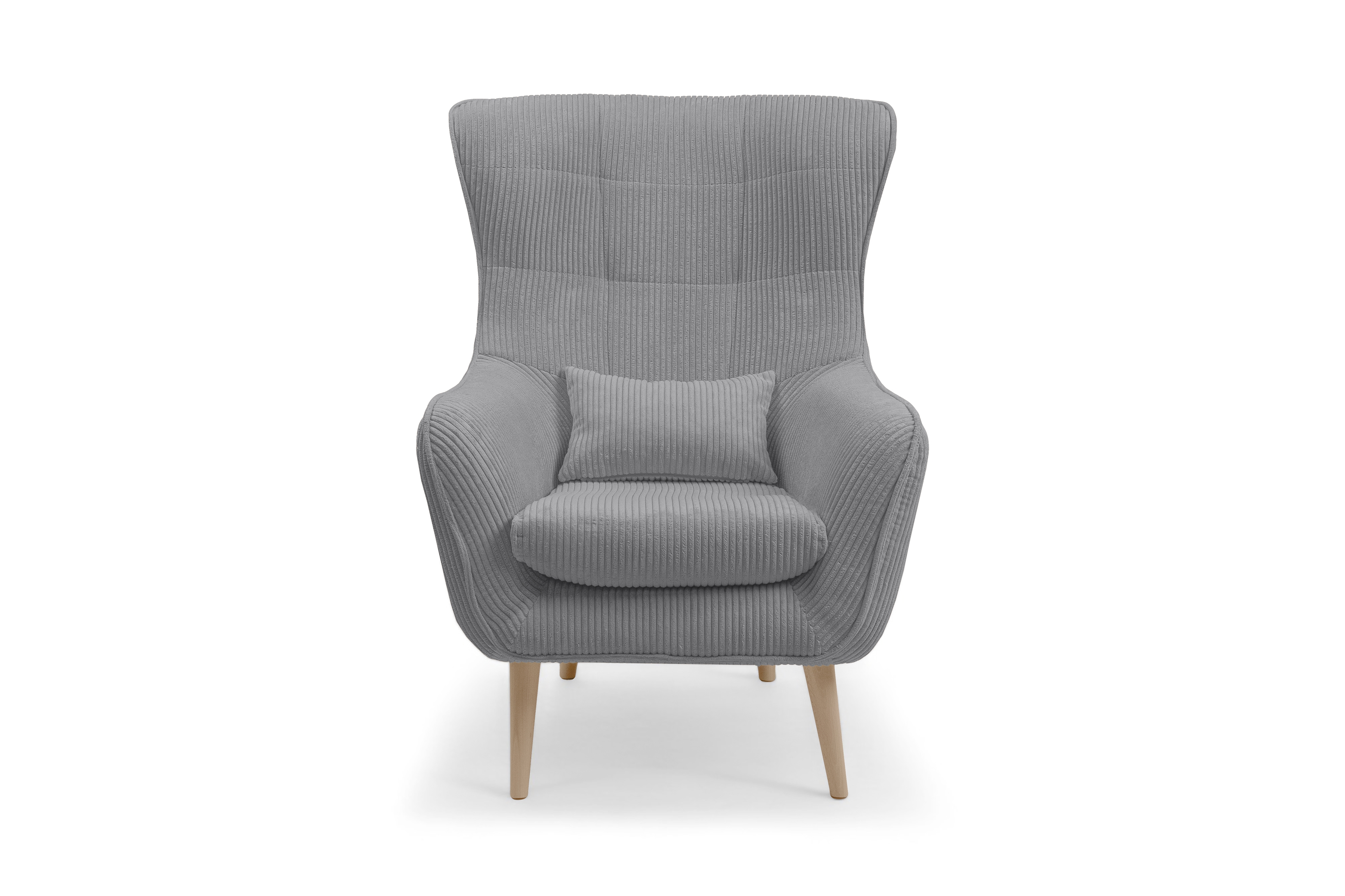 Křeslo ušák Dylian - šedý manšestr Poso 55 / nohy buk Křeslo Ušák Dylian na drewnianych nogach - šedý manšestr Poso 55 / Nohy buk