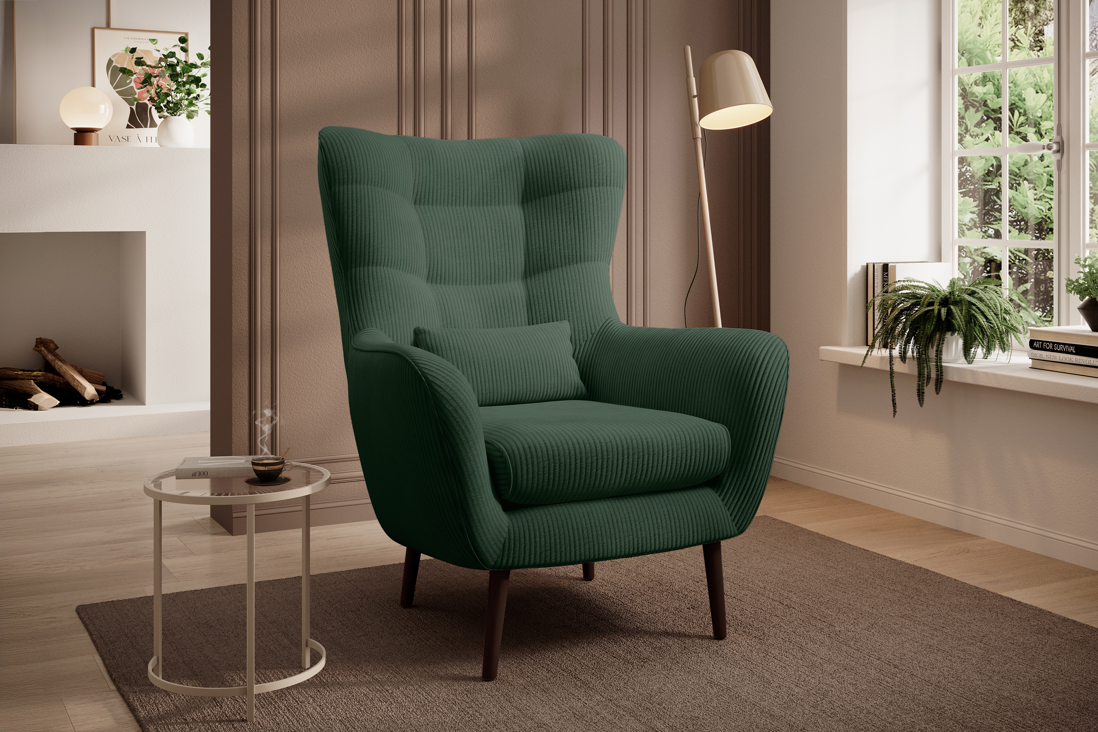 Křeslo ušák Dylian - zelený manšestr Poso 14 / nohy venge Křeslo Ušák Dylian na drewnianych nogach - zelená manšestr Poso 14/ Nohy wenge