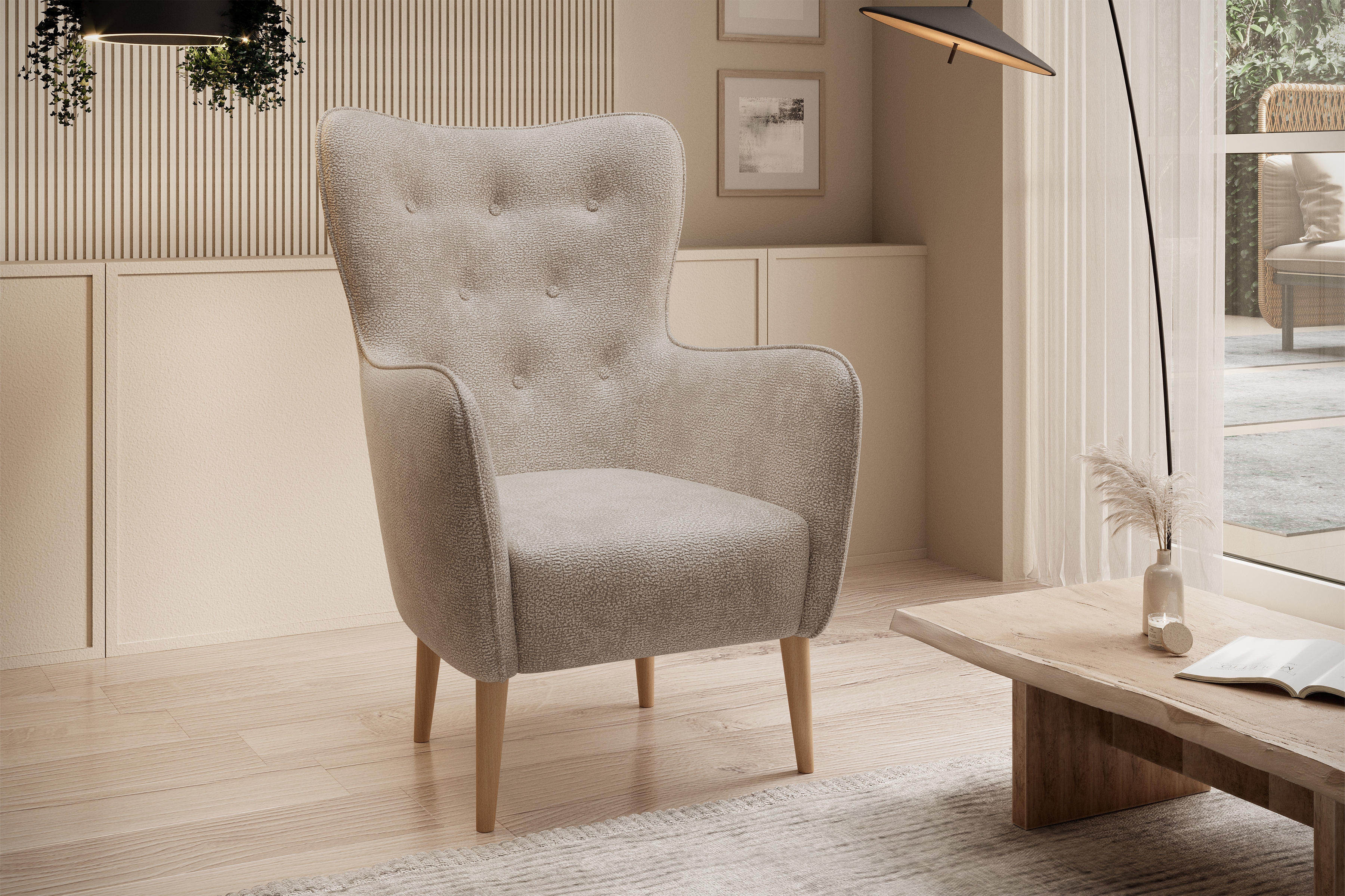 Křeslo ušák Elira - béžový šenil Perfect Harmony 07 / nohy buk Křeslo Ušák Elira z wysokimi nozkami - béžová šenil Perfect Harmony 07 / Nohy buk