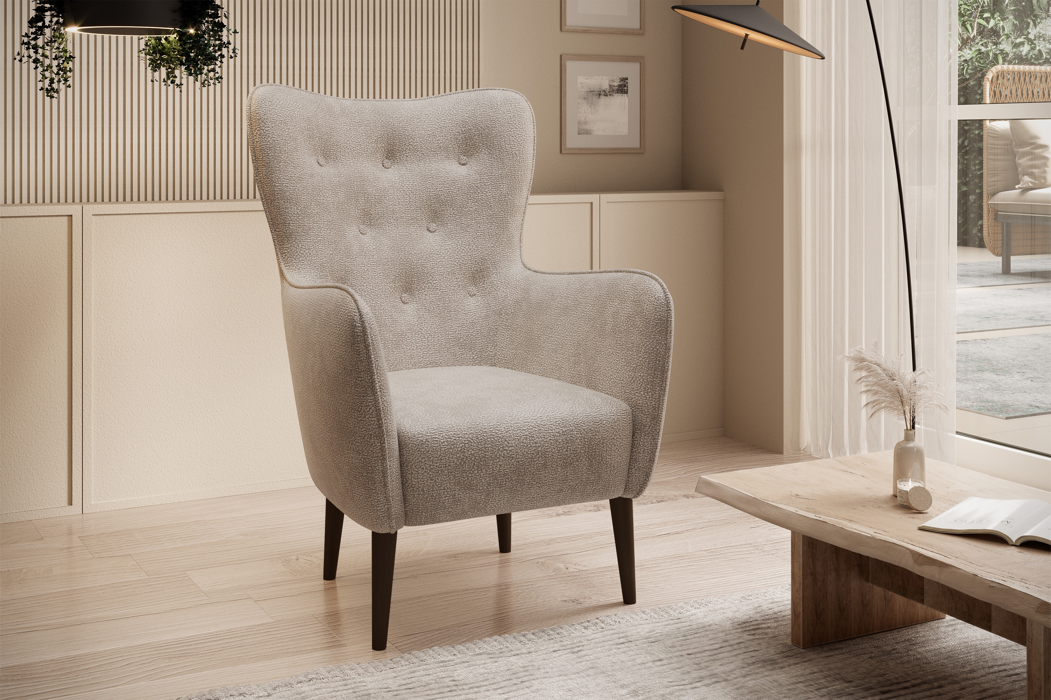 Křeslo ušák Elira - béžový šenil Perfect Harmony 07 / nohy venge Křeslo Ušák Elira z wysokimi nozkami - béžová šenil Perfect Harmony 07 / Nohy wenge