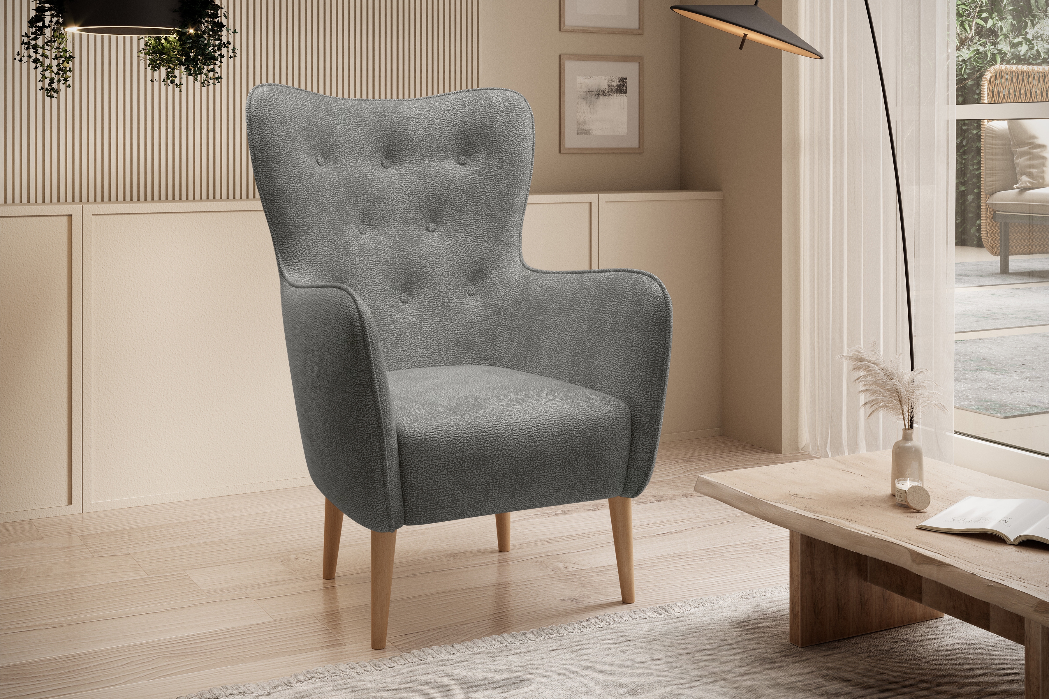 Kreslo Ušiak Elira - šedý žinylka Perfect Harmony 85 / Nohy buk Kreslo Ušiak Elira z wysokimi nozkami - šedý šenil Perfect Harmony 85 / nožičky buk