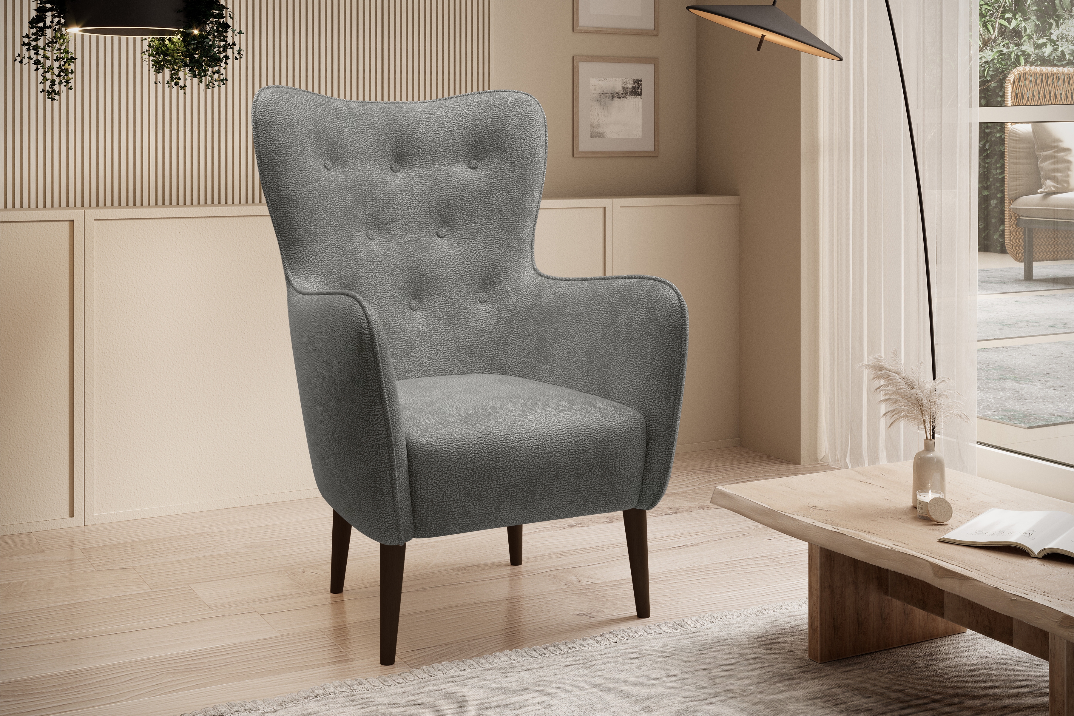 Kreslo Ušiak Elira - šedý žinylka Perfect Harmony 85 / Nohy Venge Kreslo Ušiak Elira z wysokimi nozkami - šedý šenil Perfect Harmony 85 / nožičky Venge