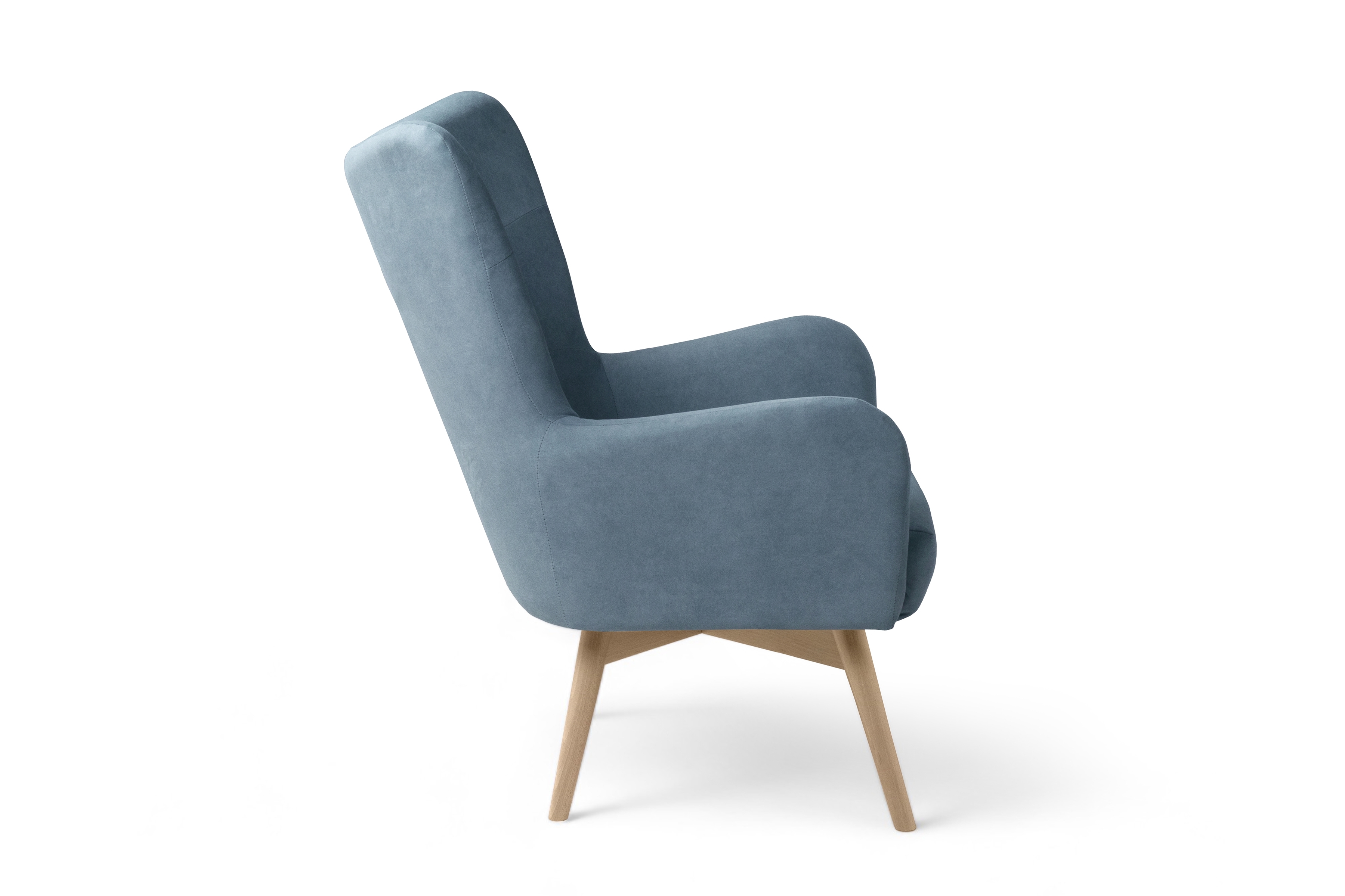 Kreslo Ušiak Nordic - modrý ľahkočistiaci zamat Cloud 70 / buk Kreslo Ušiak Škandinávsky Nordic - Modrý welwet ľahkočistiaci Cloud 70 / buk 