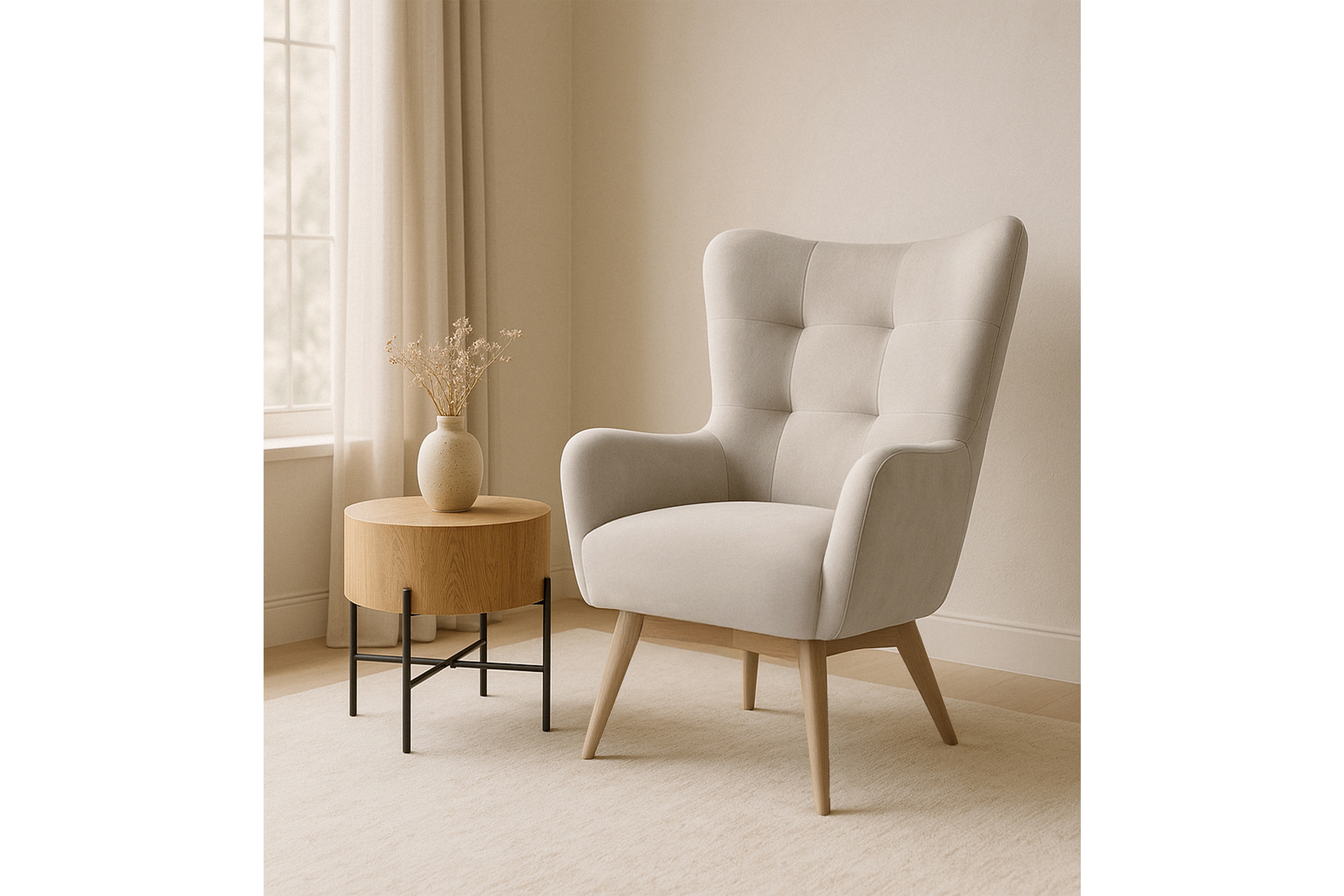 Kreslo ušiak Nordic – béžový ľahkočistiaci welvet Cloud 03 / nožičky buk Kreslo Ušiak Škandinávsky Nordic - béžový zamat ľahkočistiaci Cloud 03 / buk 