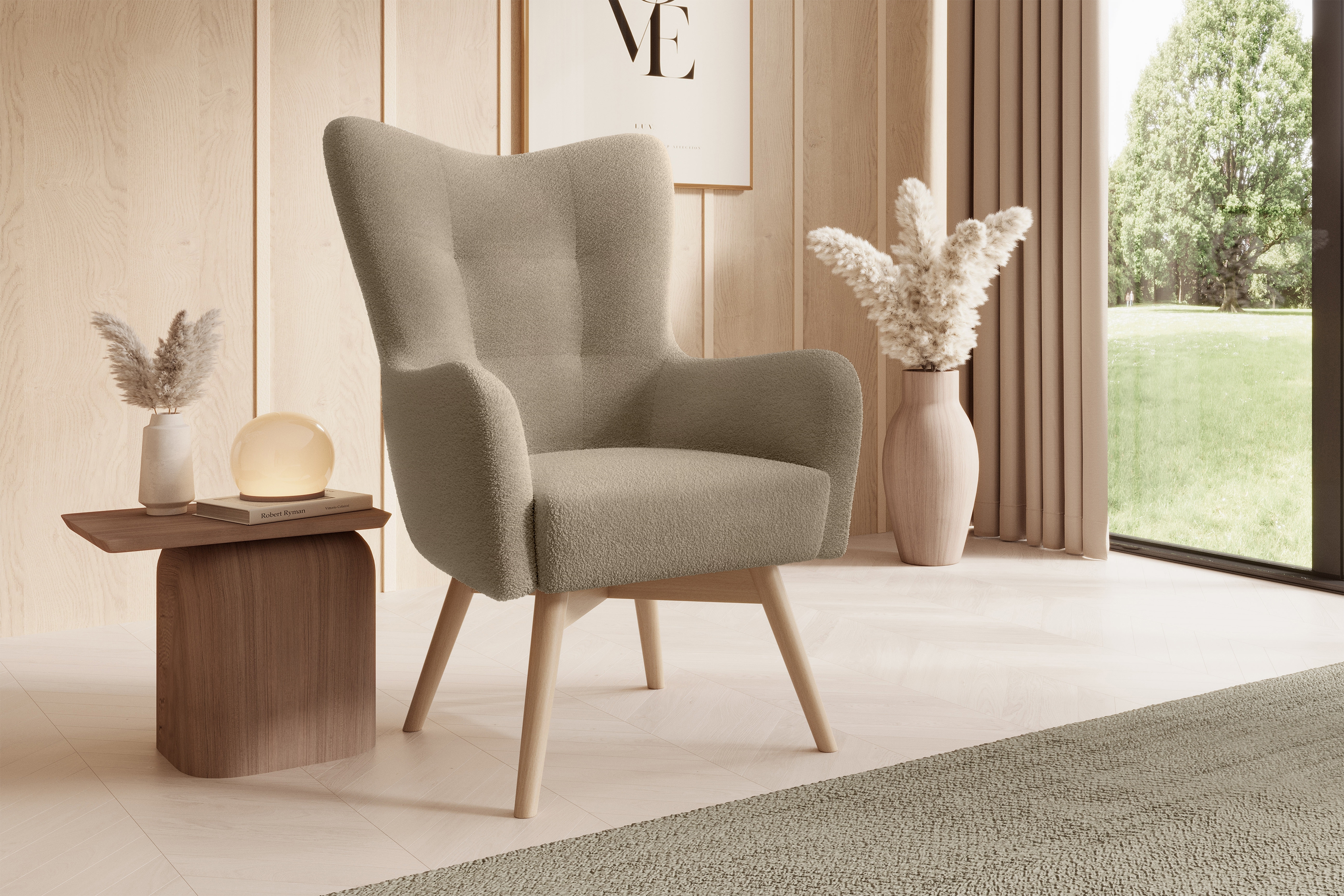 Kreslo Ušiak Škandinávsky Nordic - ciemno Béžová boucle Lambi 6 / buk  Kreslo Ušiak Škandinávsky Nordic - ciemno Béžová boucle Lambi 6 / buk 