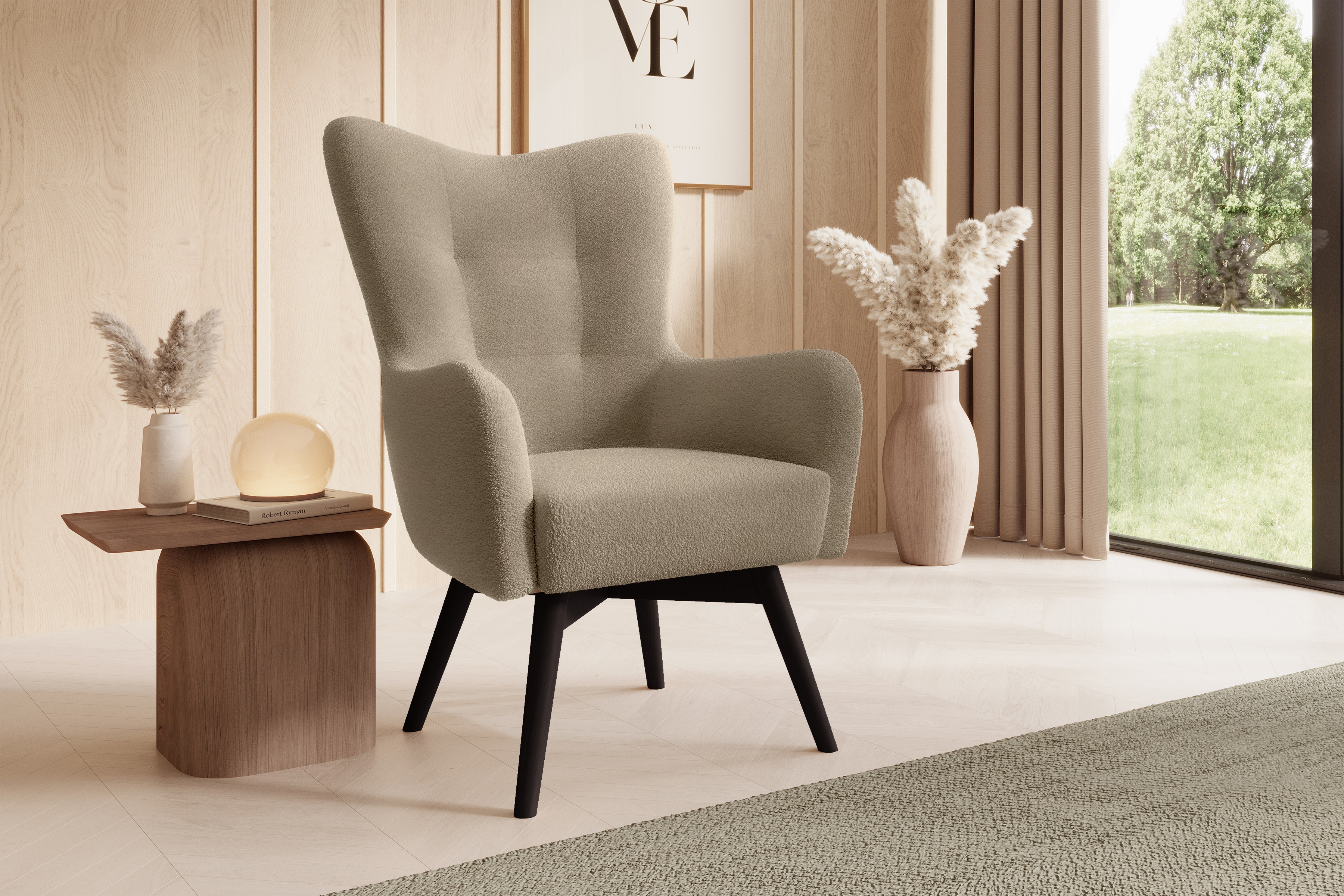 Kreslo Ušiak Škandinávsky Nordic - ciemno Béžová boucle Lambi 6 / Venge Kreslo Ušiak Škandinávsky Nordic - ciemno Béžová boucle Lambi 6 / Venge