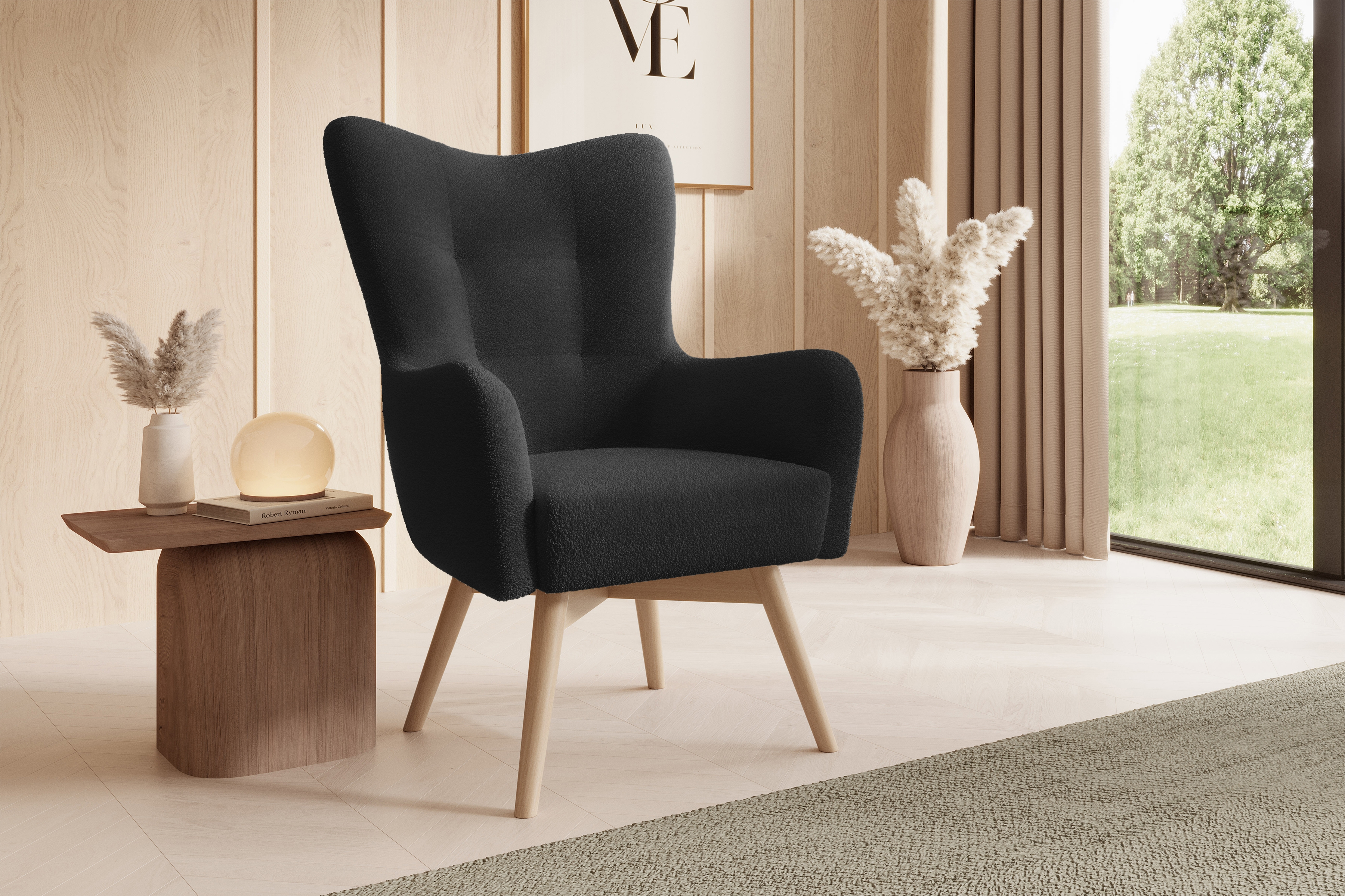 Kreslo Ušiak Škandinávsky Nordic - Čierna boucle Lambi 13 / buk  Kreslo Ušiak Škandinávsky Nordic - Čierna boucle Lambi 13 / buk 