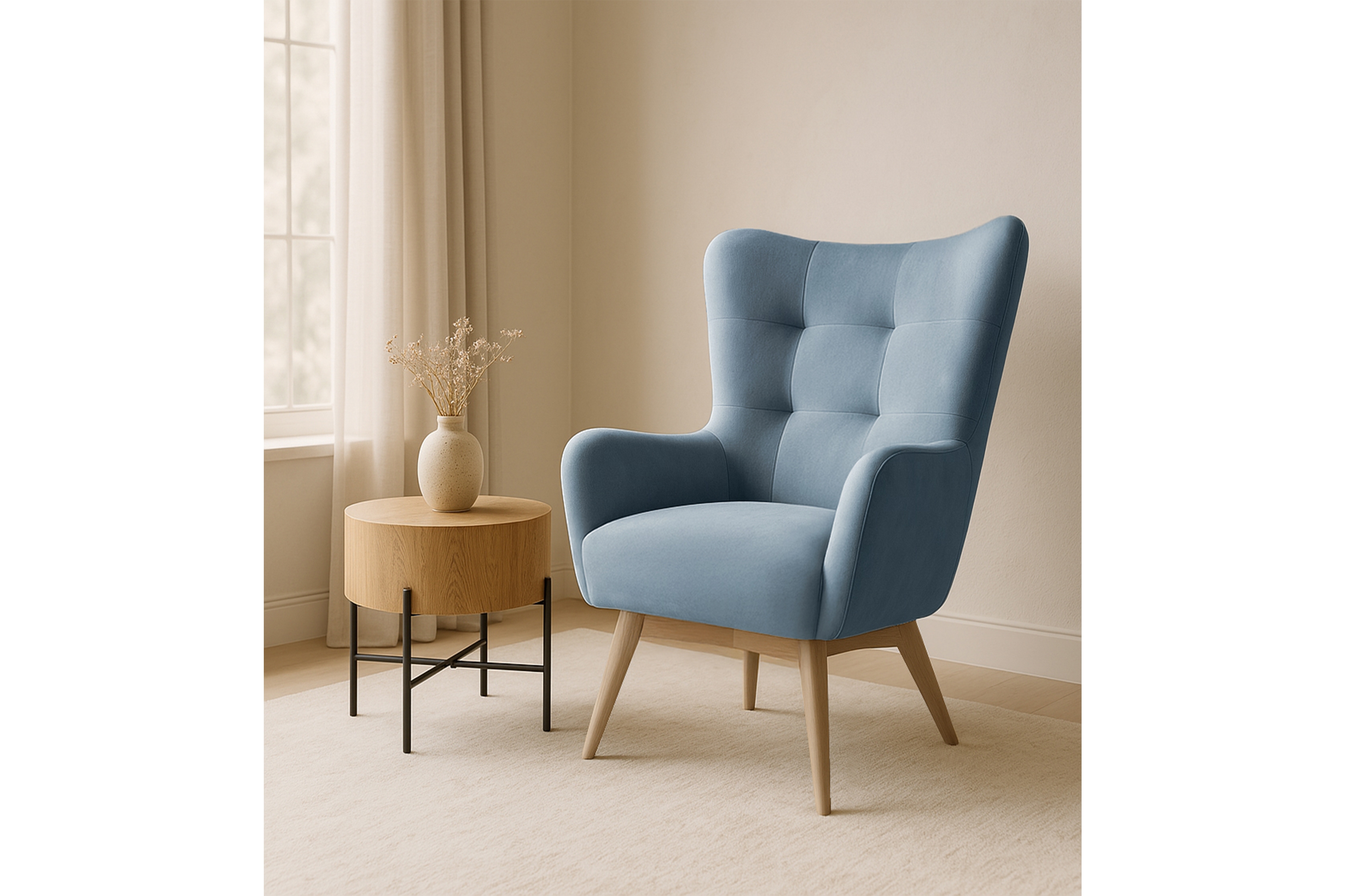 Kreslo Ušiak Nordic - modrý ľahkočistiaci zamat Cloud 70 / buk Kreslo Ušiak Škandinávsky Nordic - Modrý zamat ľahkočistiaci Cloud 70 / buk 