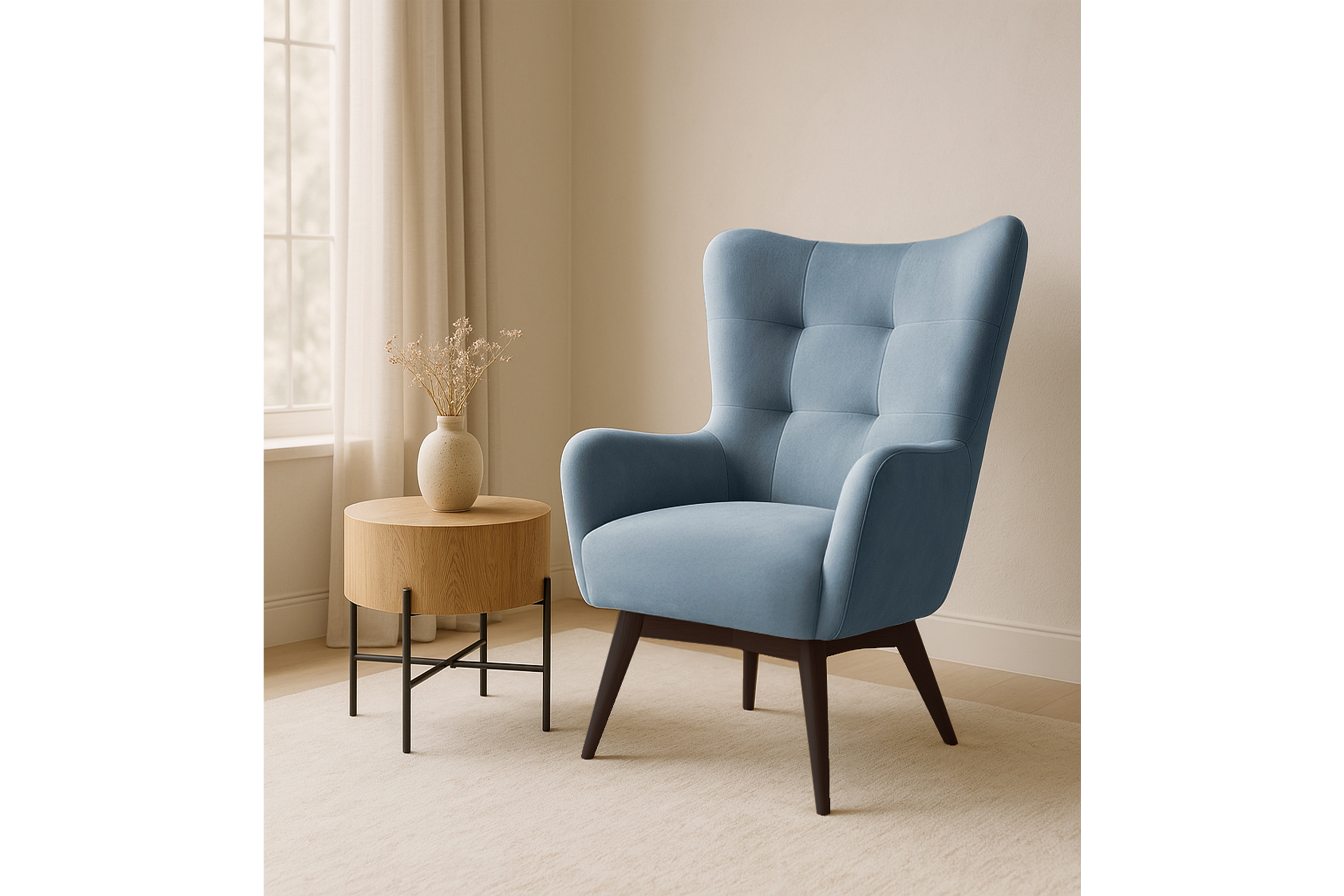 Kreslo ušiak Nordic – modrý ľahkočistiaci welvet Cloud 70 / nožičky venge Kreslo Ušiak Škandinávsky Nordic - Modrý zamat ľahkočistiaci Cloud 70 / Venge 