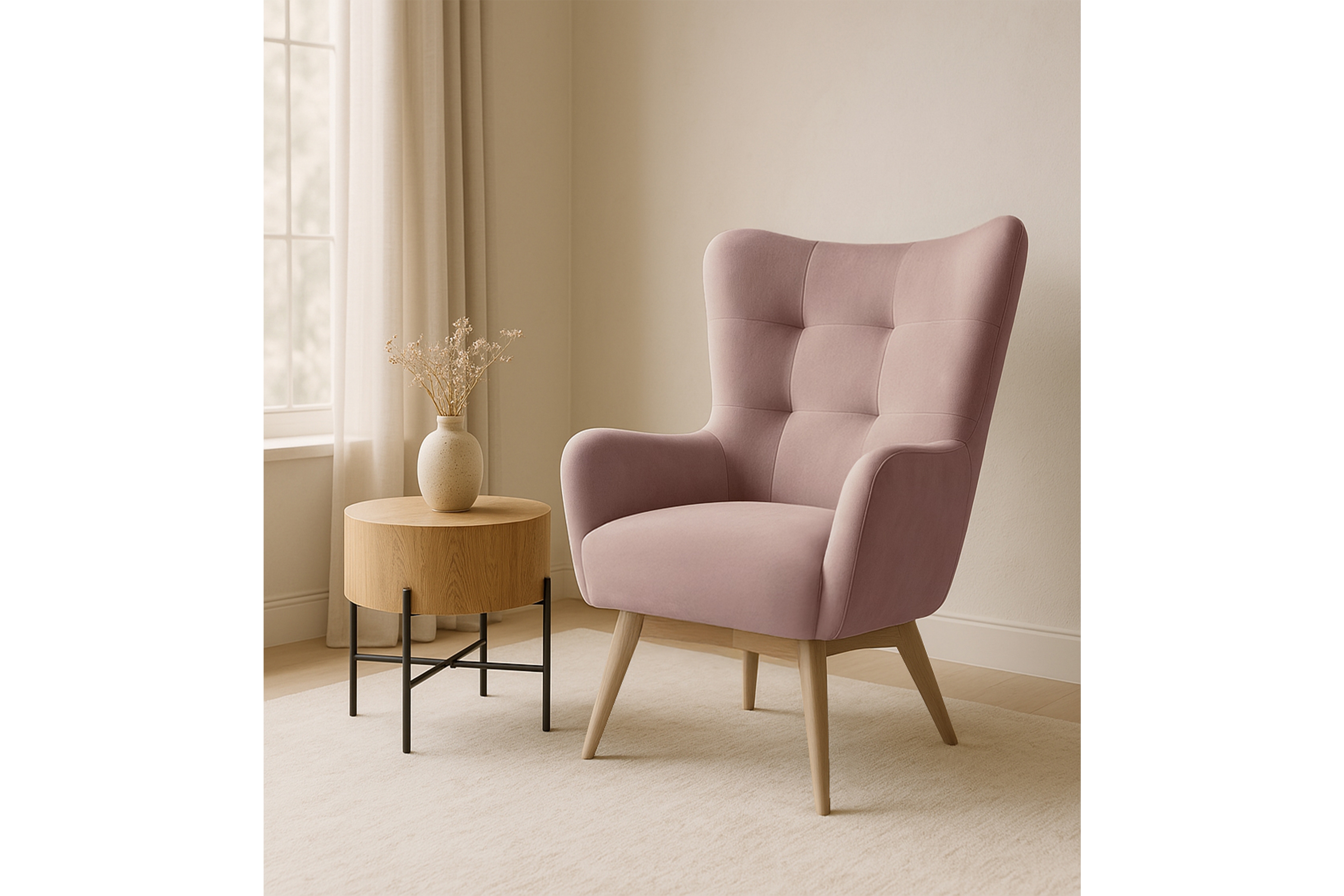 Kreslo ušiak Nordic – ružový ľahkočistiaci welvet Cloud 60 / nožičky buk Kreslo Ušiak Škandinávsky Nordic - Ružová zamat ľahkočistiaci Cloud 60 / buk 