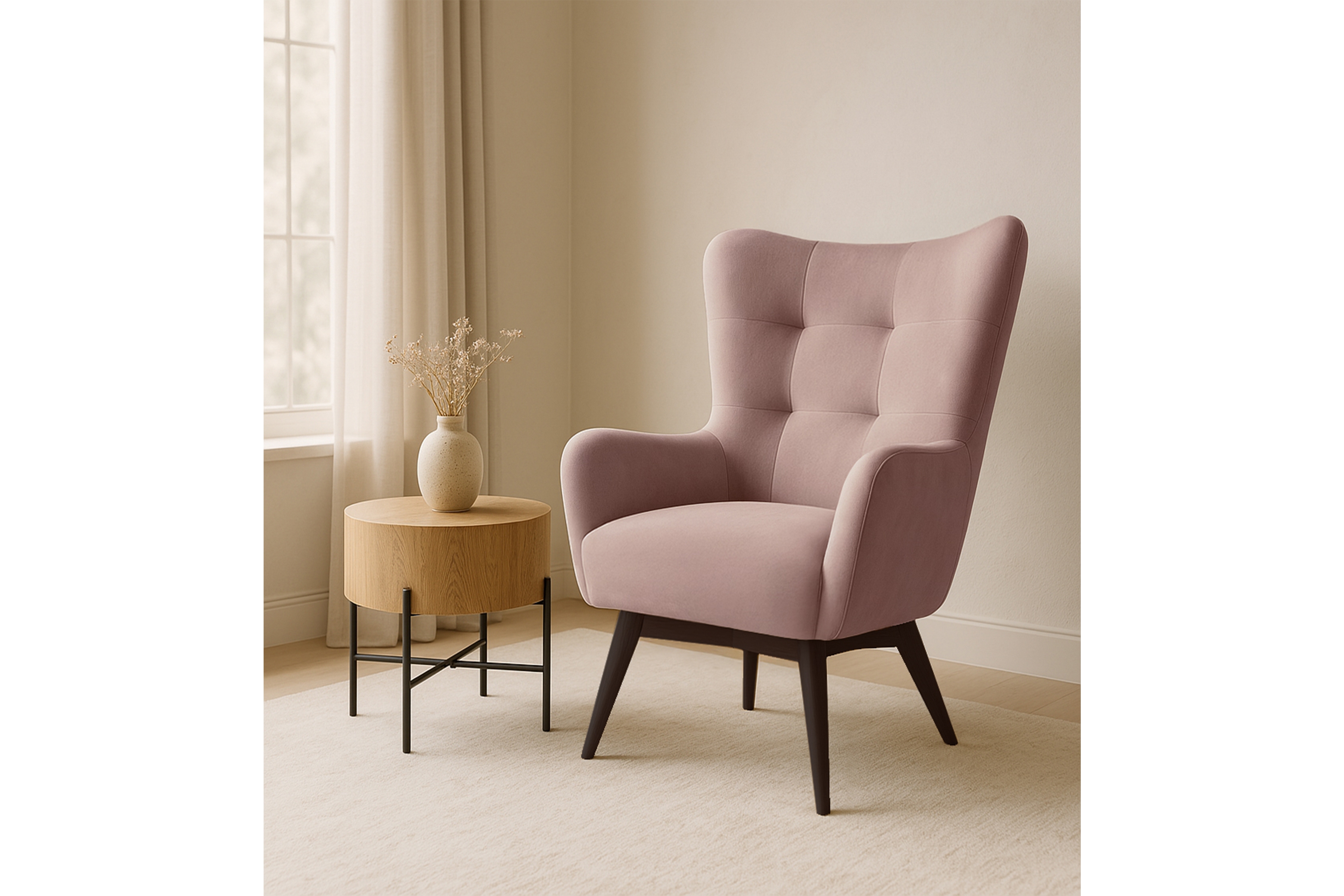 Křeslo ušák Nordic - růžová Cloud 60 / nožky wenge Křeslo Ušák Skandynawski Nordic - Růžová welwet latwoczyszczacy Cloud 60 / wenge 