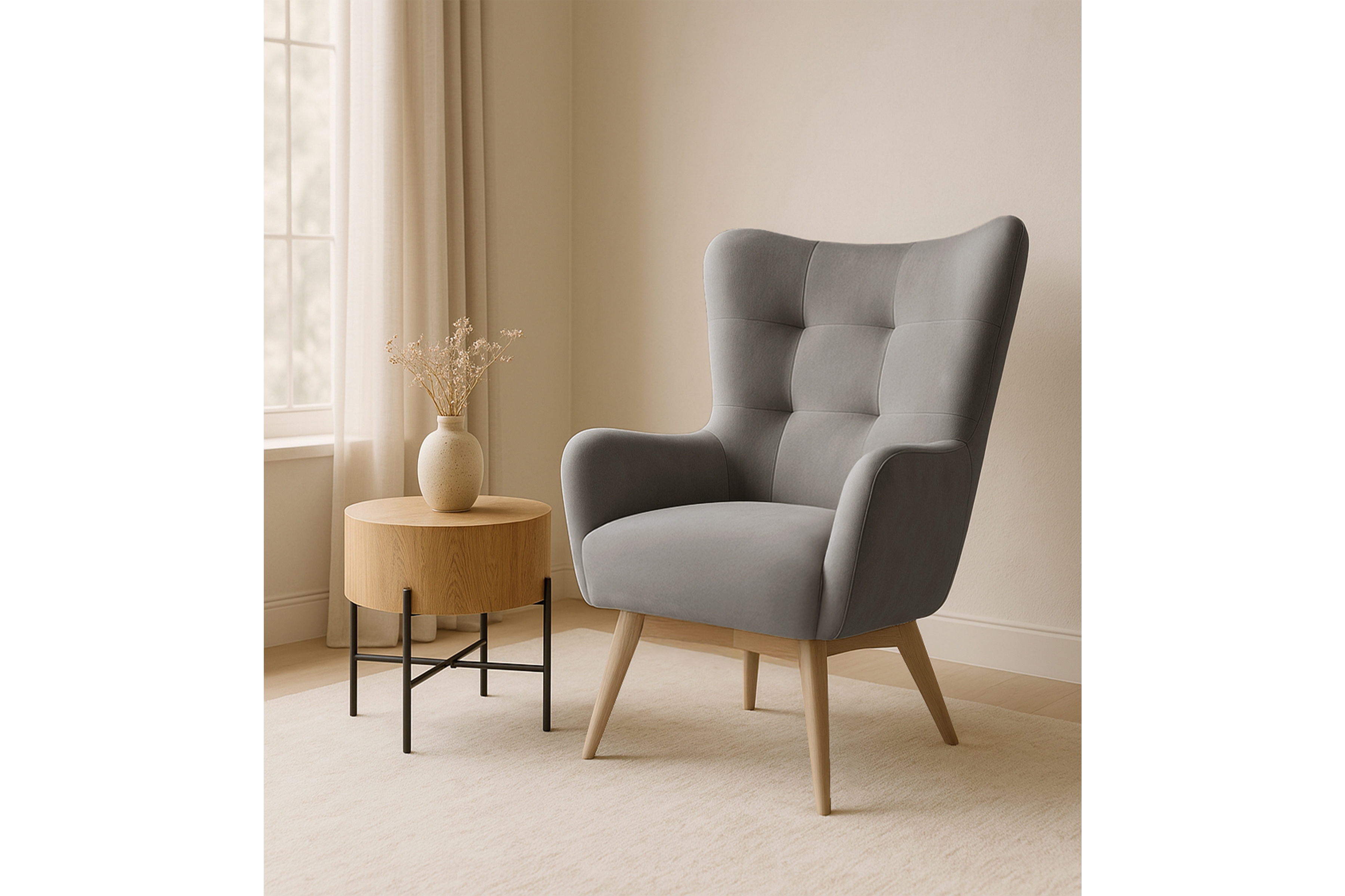 Křeslo ušák Nordic - šedý snadno čistitelný velvet Cloud 87 / nožky buk Křeslo Ušák Skandynawski Nordic - šedá welwet latwoczyszczacy Cloud 87 / buk 