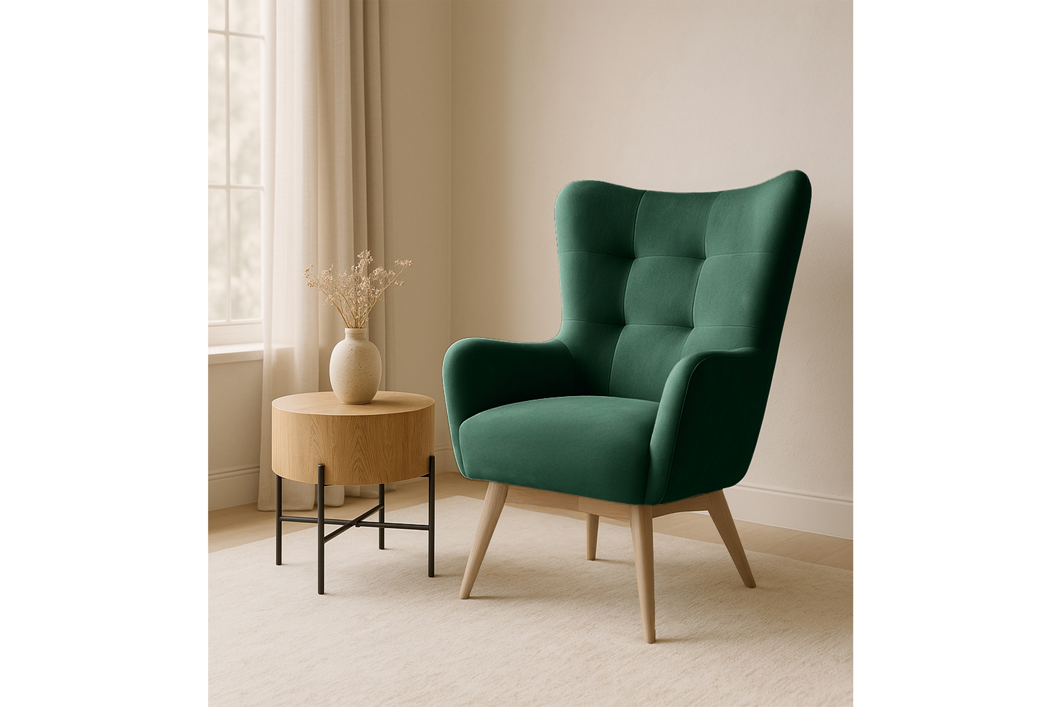 Kreslo ušiak Nordic – zelený ľahkočistiaci welvet Cloud 39 / nožičky buk Kreslo Ušiak Škandinávsky Nordic - Zelený zamat ľahkočistiaci Cloud 39 / buk 