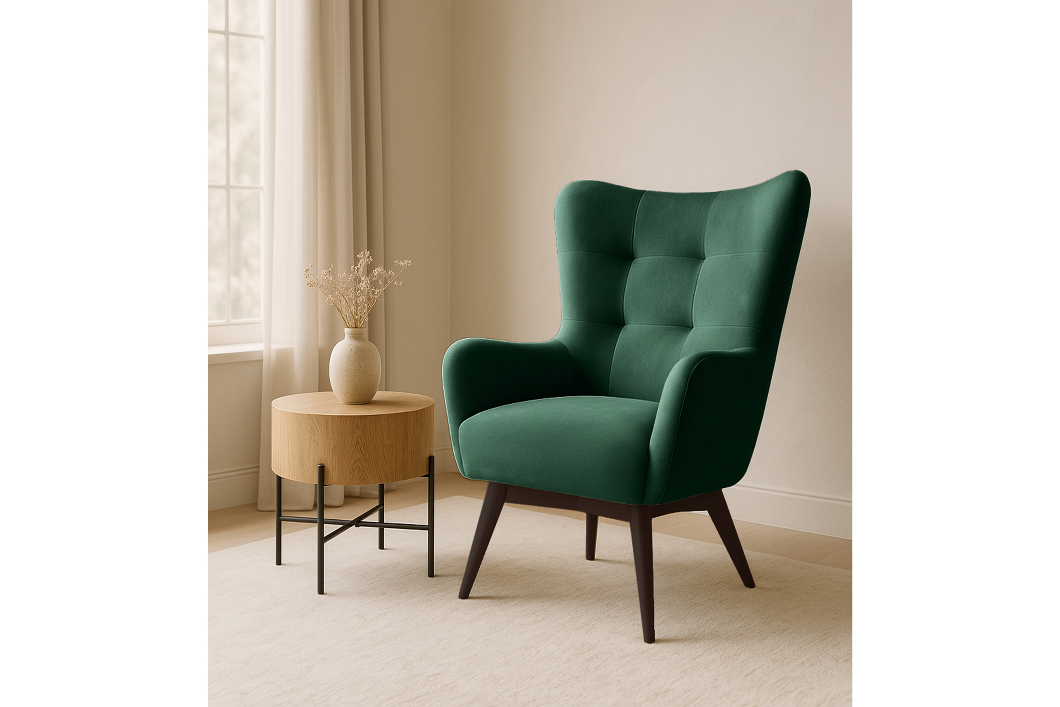 Kreslo ušiak Nordic – zelený ľahkočistiaci welvet Cloud 39 / nožičky venge Kreslo Ušiak Škandinávsky Nordic - Zelený zamat ľahkočistiaci Cloud 39 / Venge