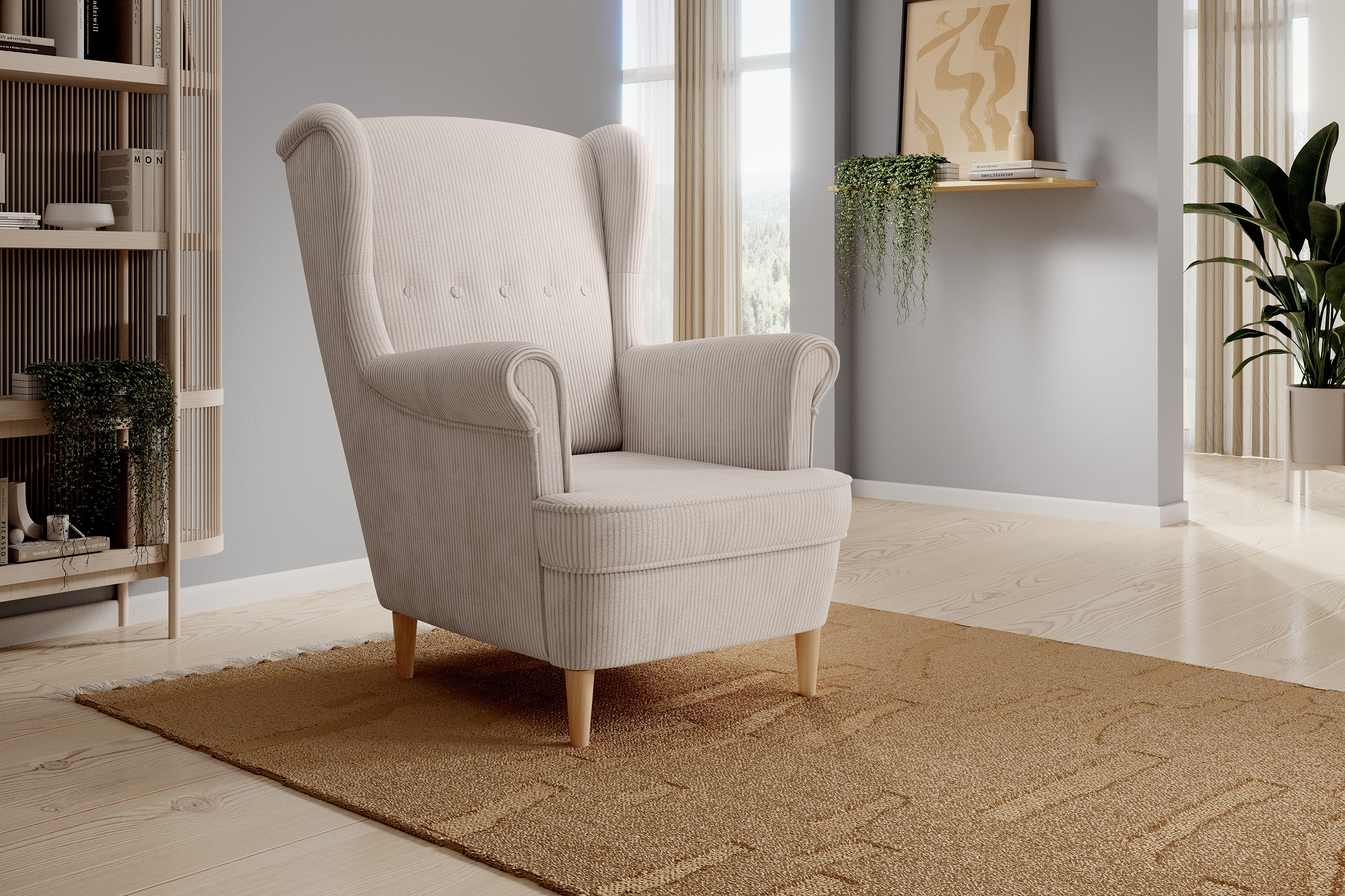 Křeslo ušák Vilano - krémový manšestr Poso 100 / nohy buk Křeslo Ušák Vilano - jasno béžová manšestr Poso 100 / Nohy buk