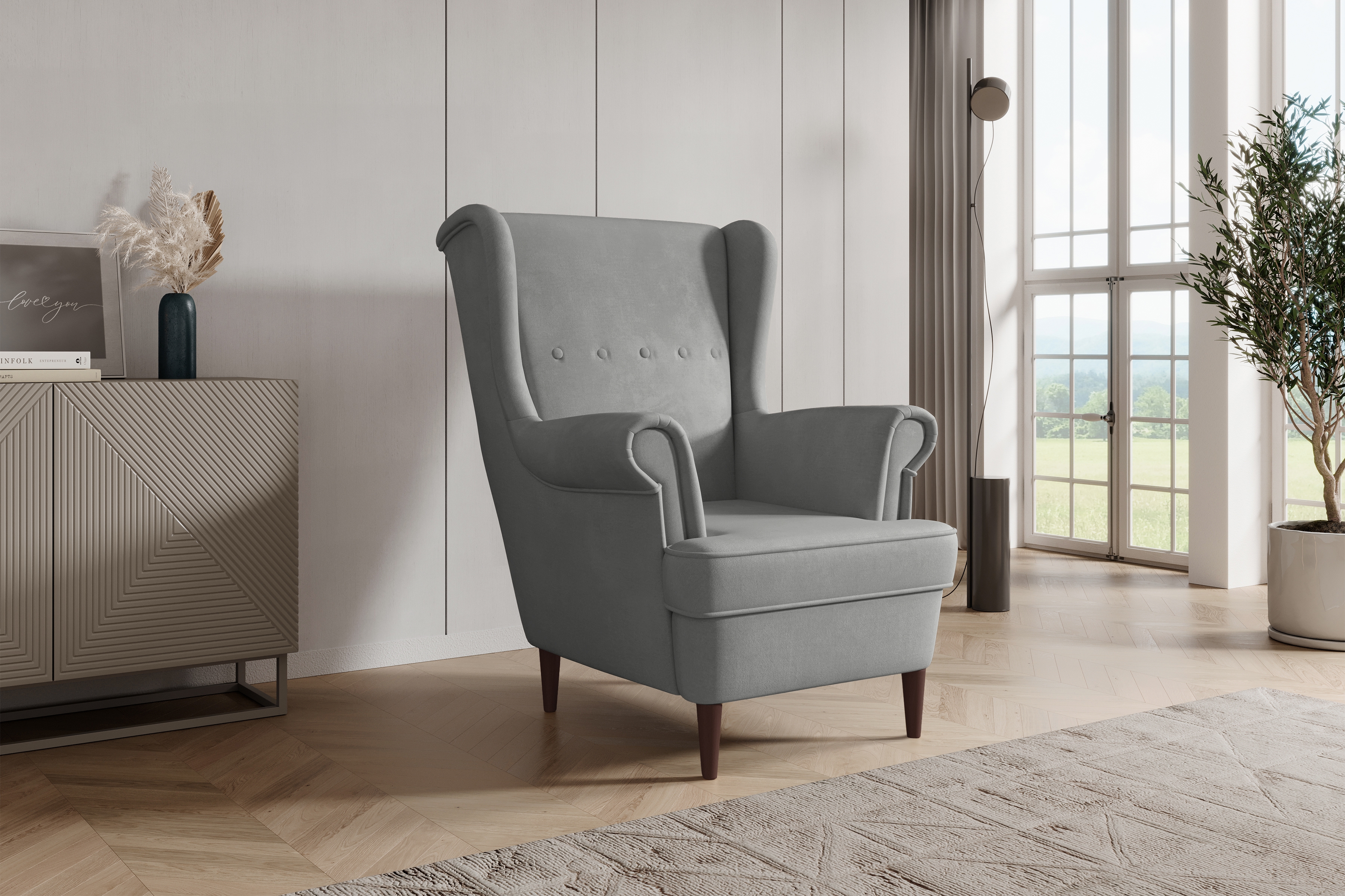 Křeslo ušák Vilano - šedý samet Velluto 16 / nohy venge Křeslo Ušák Vilano - šedý samet Velluto 16 / Nohy Venge