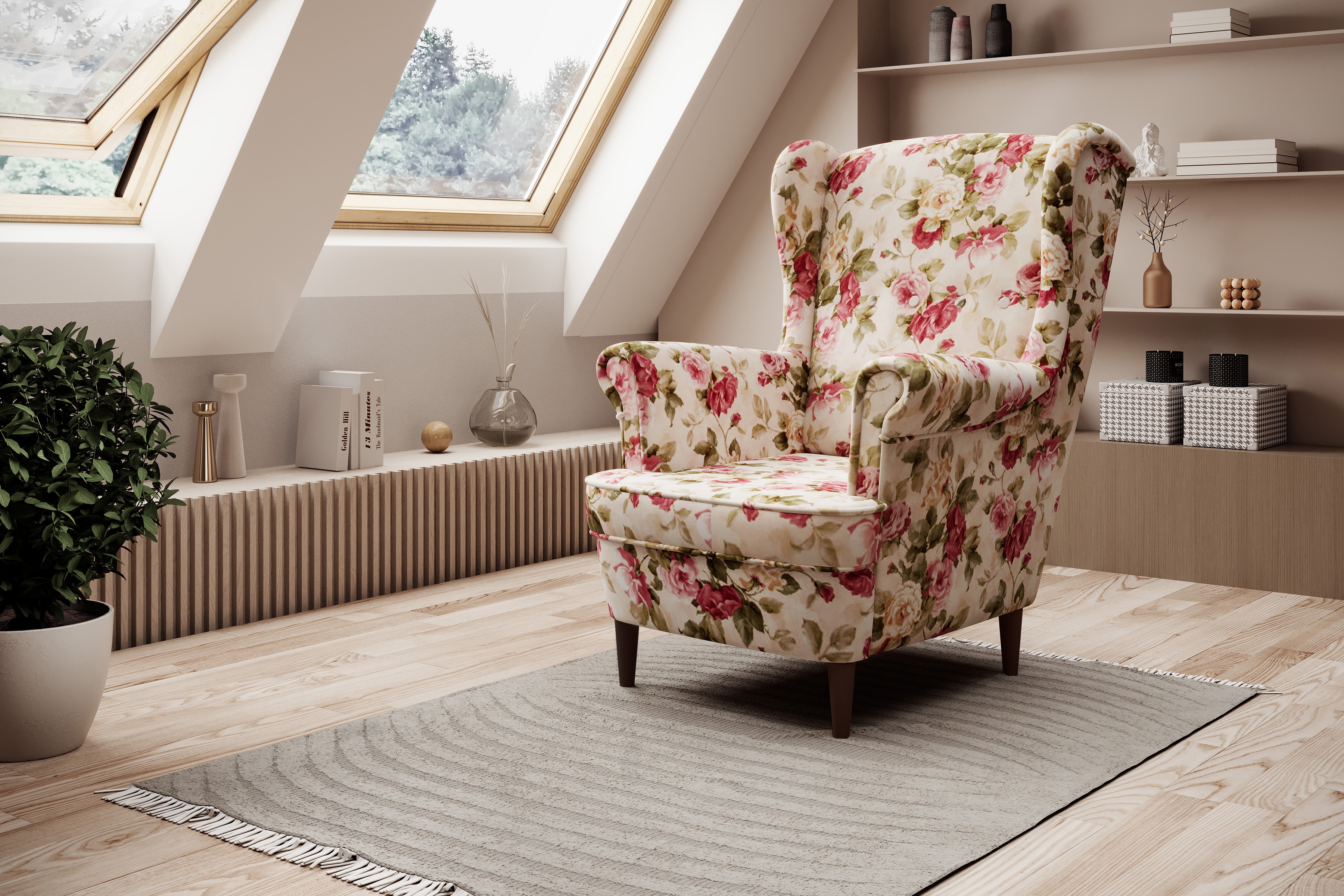 Křeslo ušák Vilano - květinový vzor Coral WM 82 / nohy wenge Křeslo Ušák Vilano - potahová látka drukowana w kwiaty Coral WM 82 / Nohy wenge