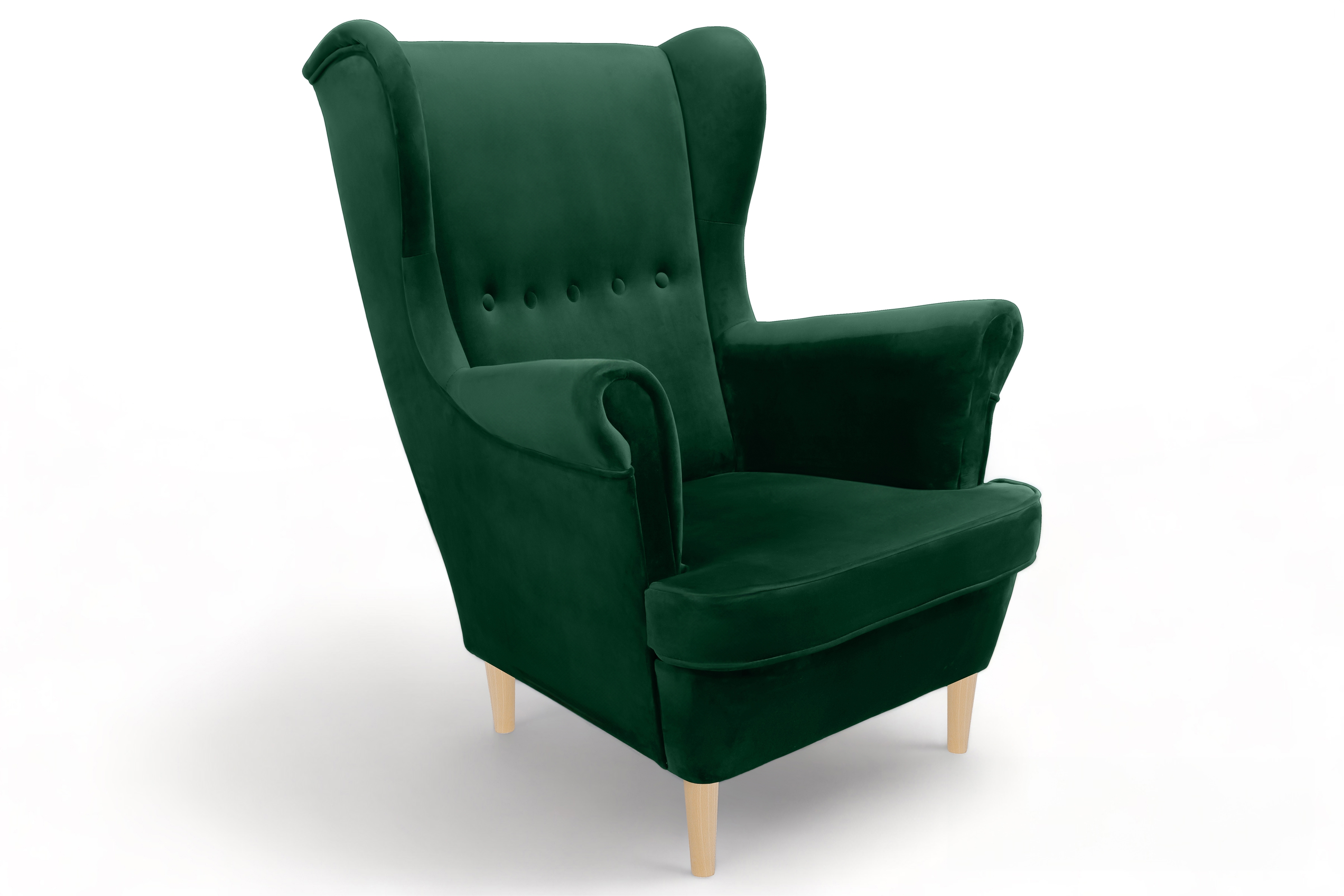 Křeslo ušák Vilano - lahvově zelený samet Bluvel 78 / nohy buk Křeslo Ušák Vilano - samet w butelkowej zieleni Bluvel 78 / Nohy buk 