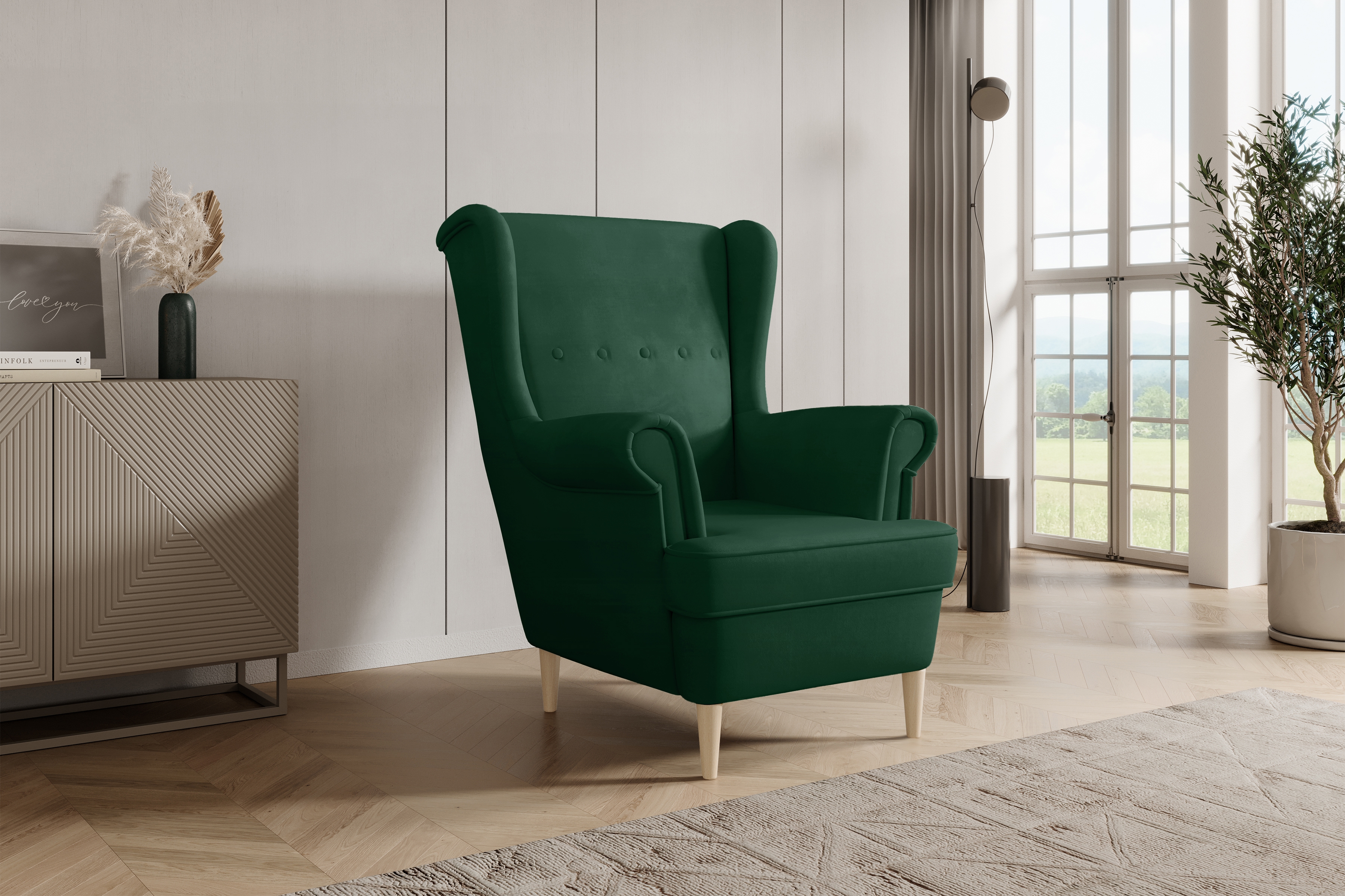 Křeslo ušák Vilano - lahvově zelený samet Bluvel 78 / nohy buk Křeslo Ušák Vilano - samet w butelkowej zieleni Bluvel 78 / Nohy buk 