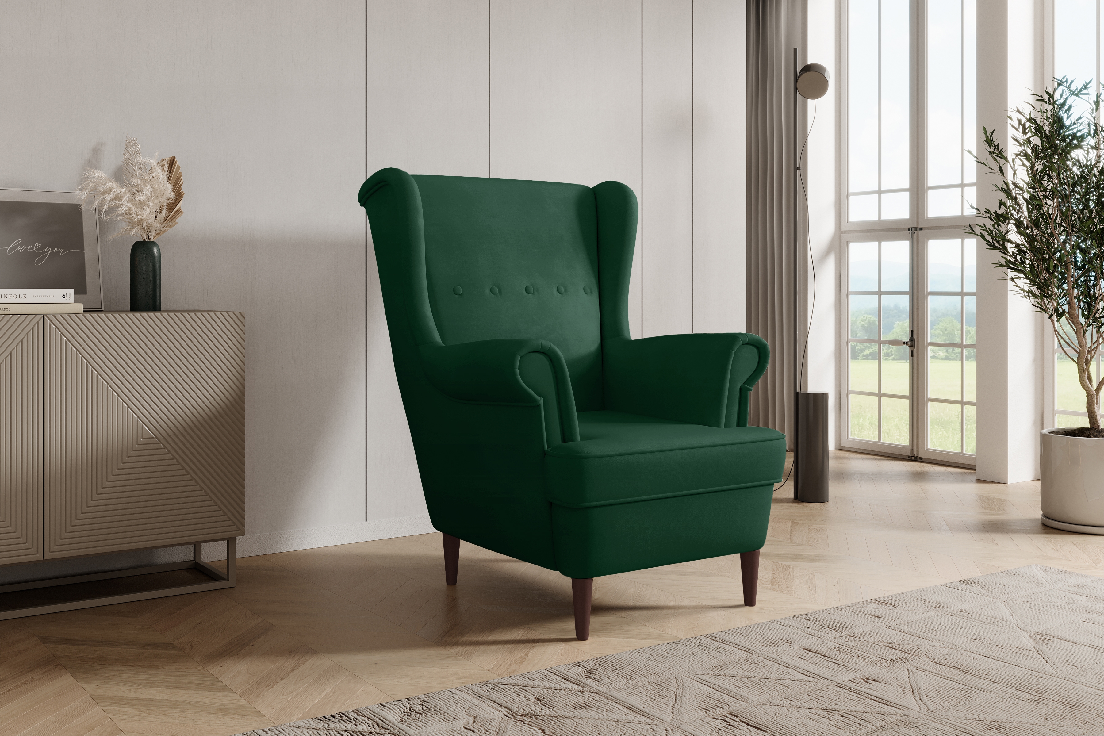 Kreslo Ušiak Vilano - fľaškovo zelený zamat Bluvel 78 Kreslo Ušiak Vilano - zamat w butelkowej zieleni Bluvel 78 / Nohy Venge 