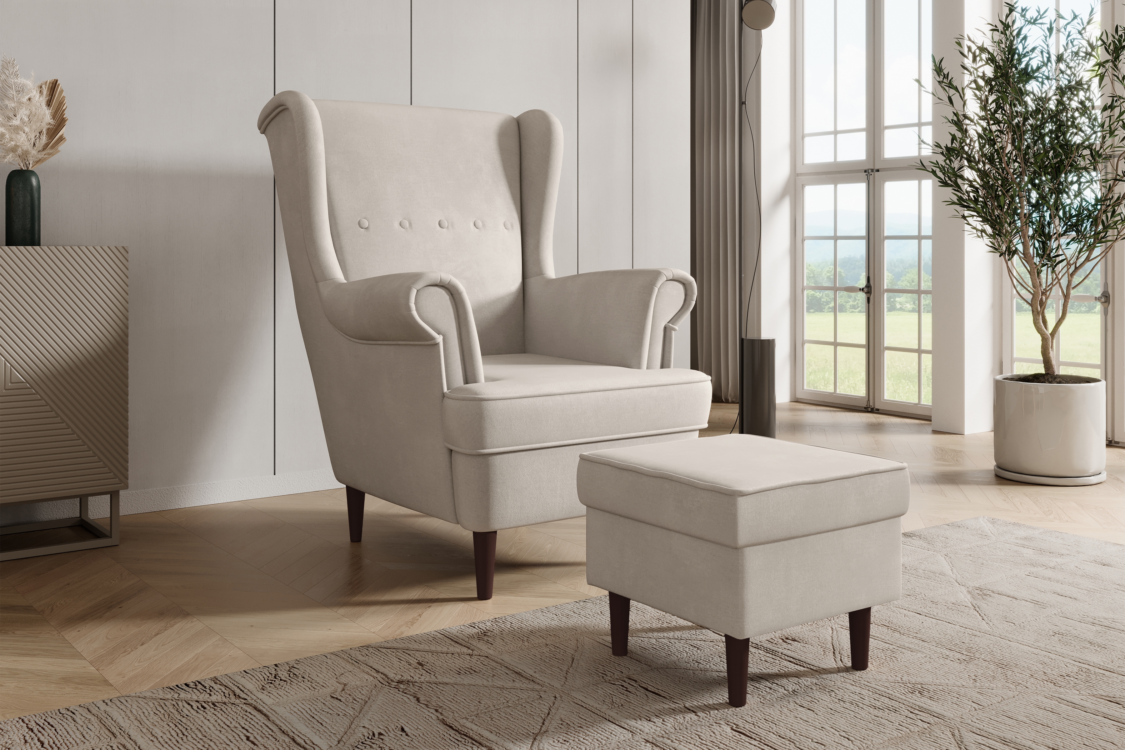 Křeslo ušák Vilano s podnožkou - béžový samet Velluto 2 / nohy venge Křeslo Ušák Vilano z podnozkiem - béžový samet Velluto 2 / Nohy Venge 