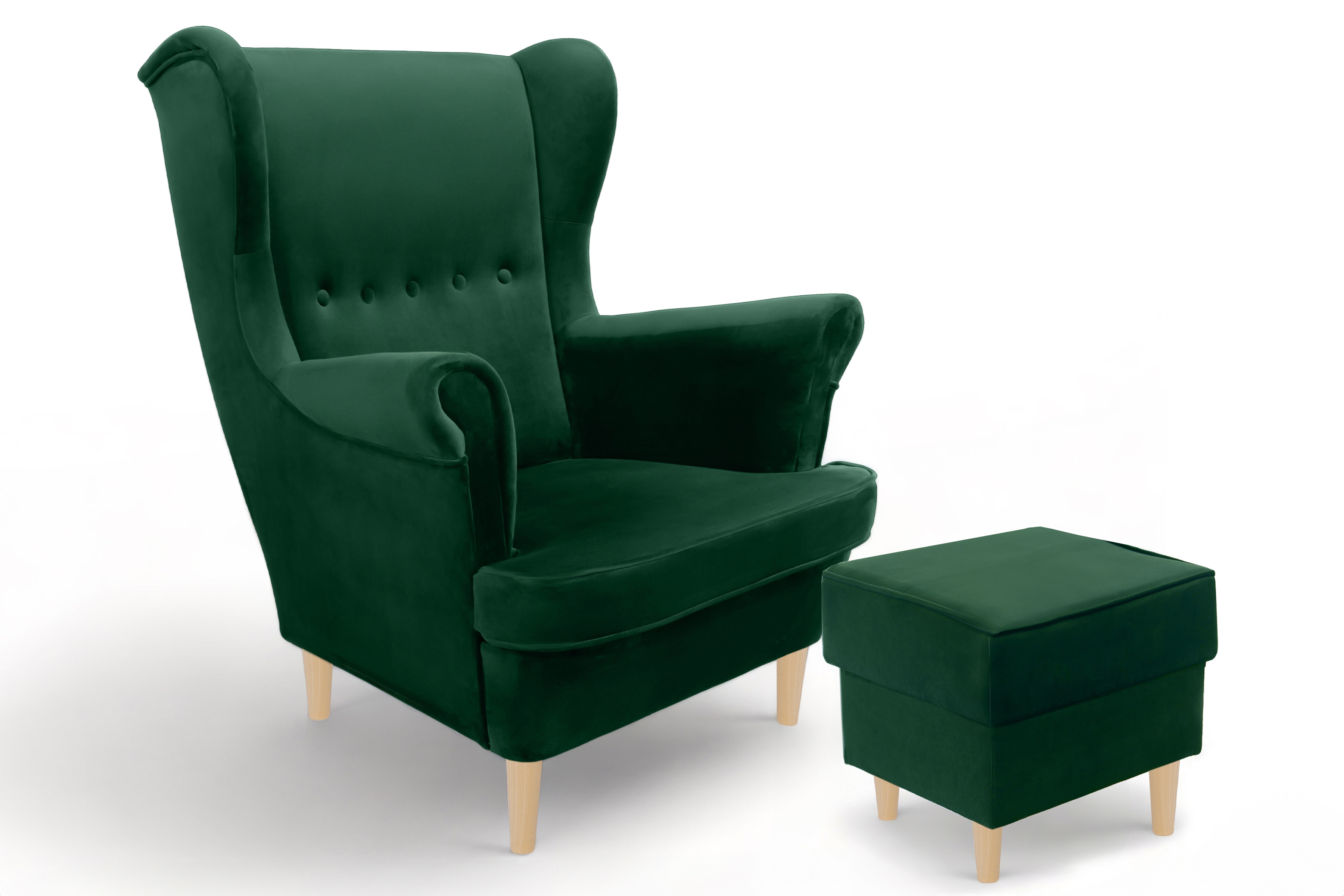 Křeslo ušák Vilano s podnožkou - lahvově zelený samet Bluvel 78 / nohy buk Křeslo Ušák Vilano z podnozkiem - láhvová Zeleň samet Bluvel 78 / Nohy buk