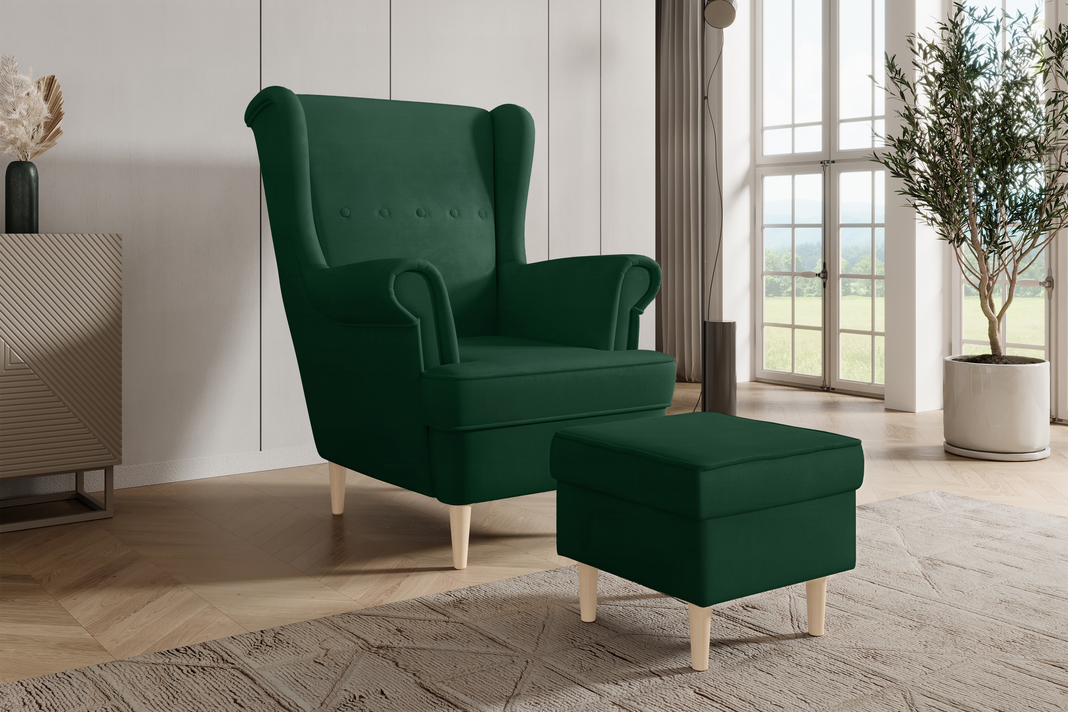 Křeslo ušák Vilano s podnožkou - lahvově zelený samet Bluvel 78 / nohy buk Křeslo Ušák Vilano z podnozkiem - láhvová Zeleň samet Bluvel 78 / Nohy buk