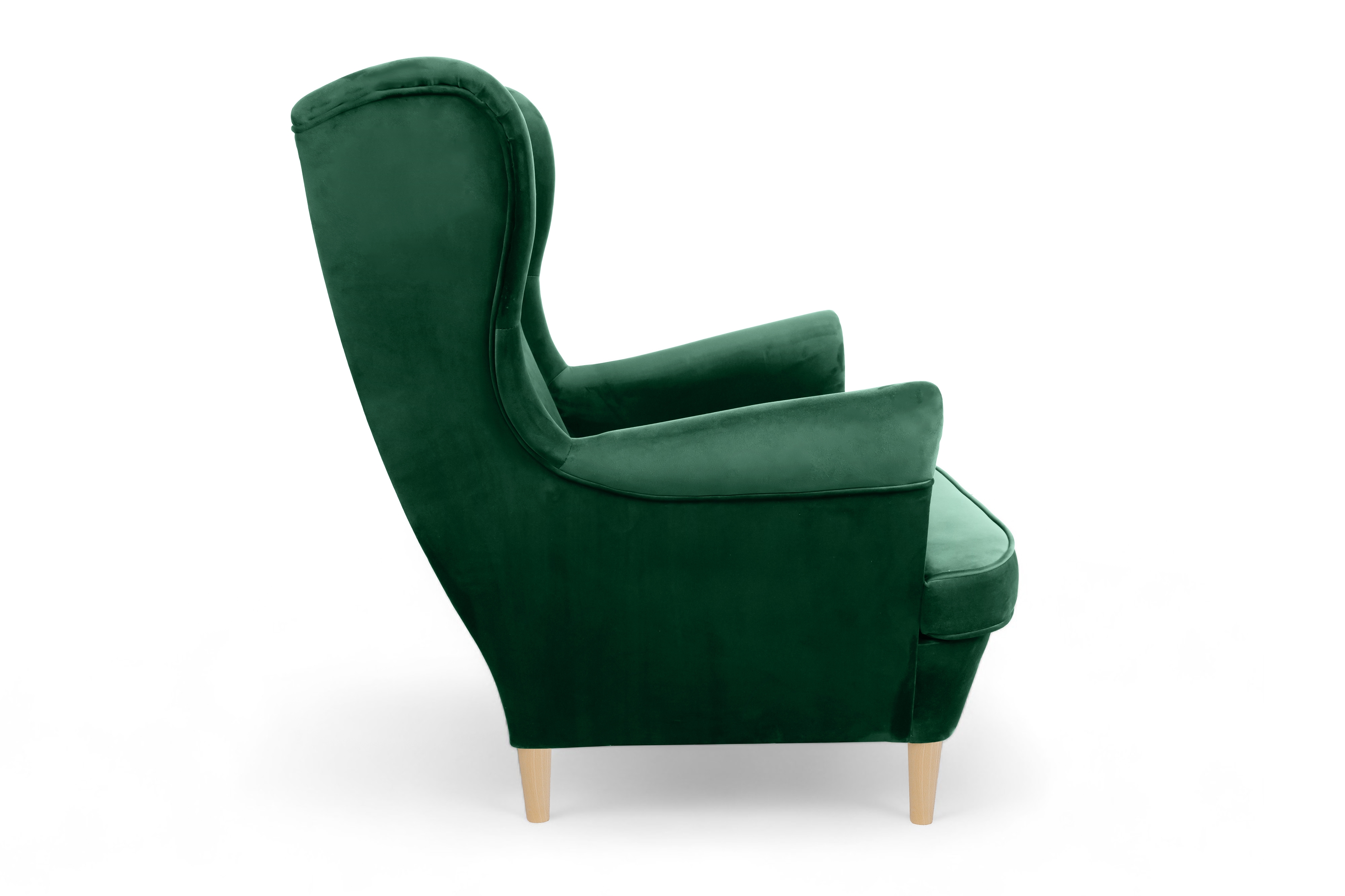 Křeslo ušák Vilano s podnožkou - lahvově zelený samet Bluvel 78 / nohy buk Křeslo Ušák Vilano z podnozkiem - láhvová Zeleň samet Bluvel 78 / Nohy buk