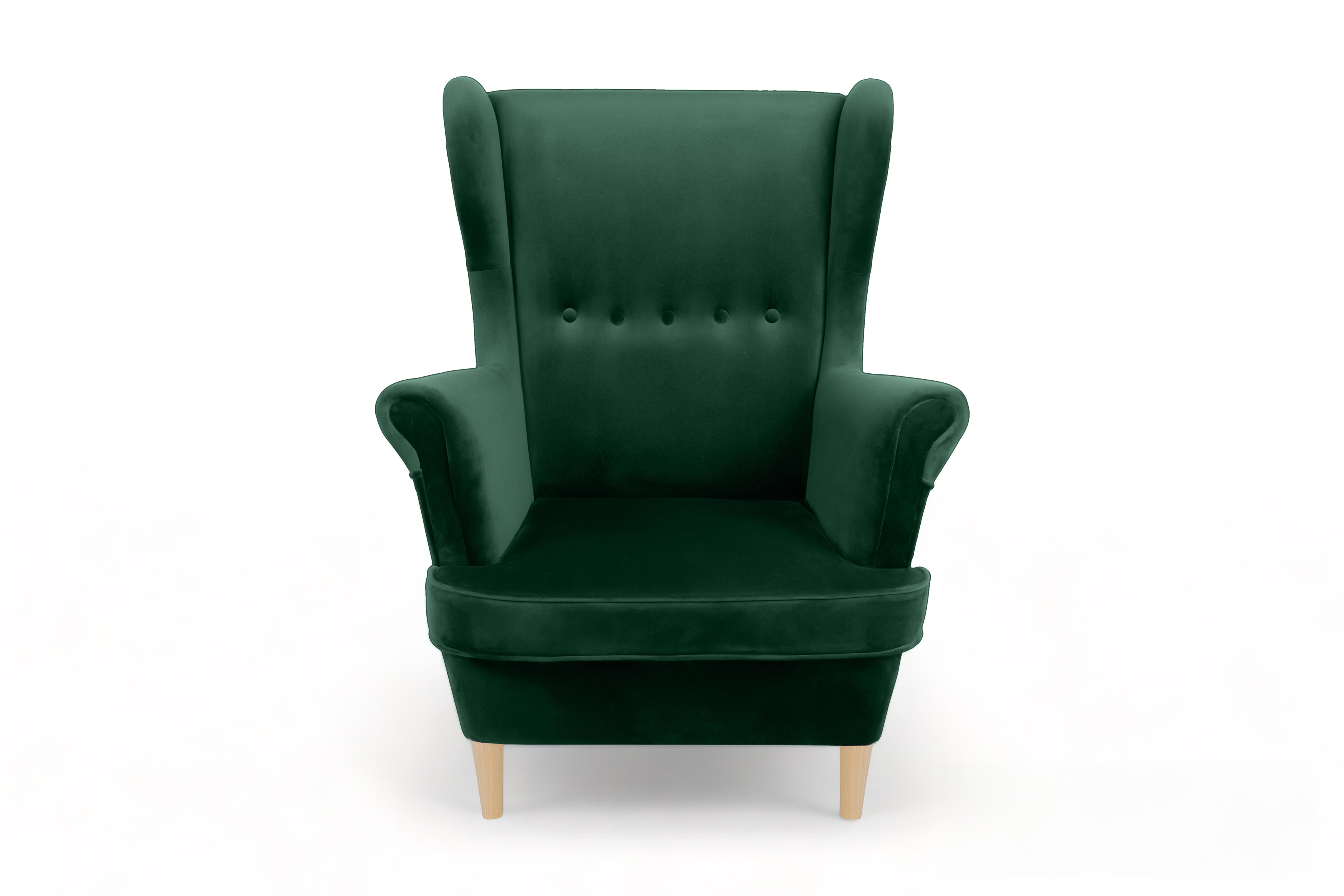 Křeslo ušák Vilano s podnožkou - lahvově zelený samet Bluvel 78 / nohy buk Křeslo Ušák Vilano z podnozkiem - láhvová Zeleň samet Bluvel 78 / Nohy buk