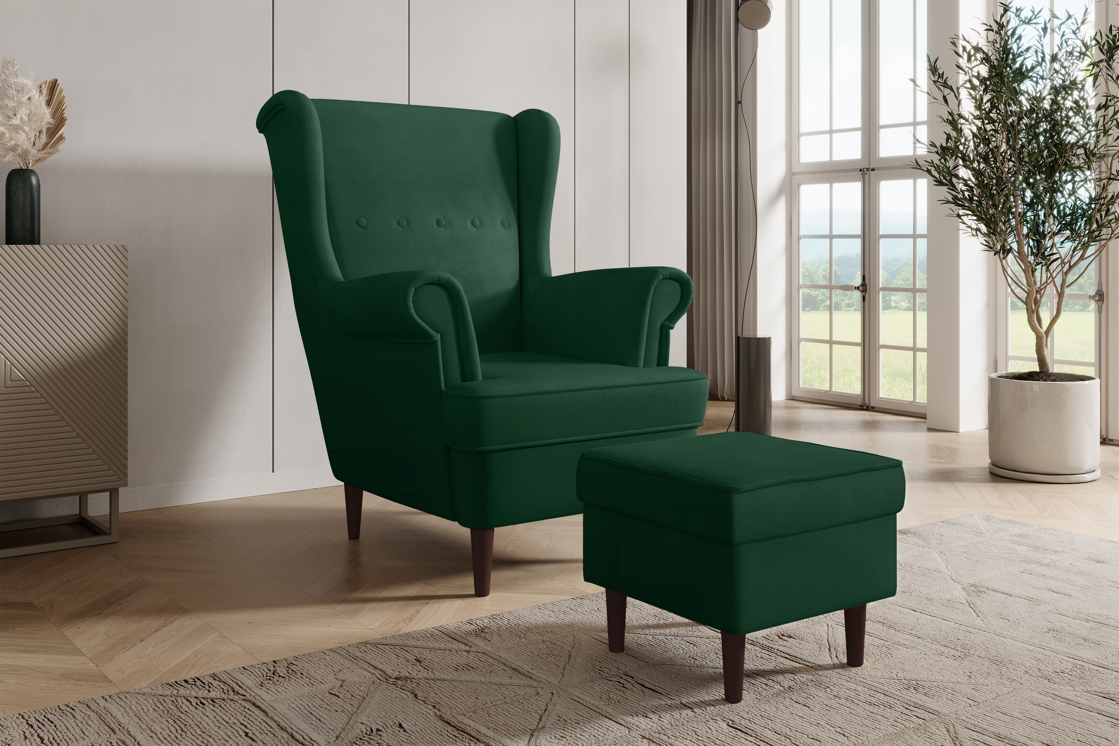 Kreslo Ušiak Vilano s taburetkou - fľaškovo zelený zamat Bluvel 78 Kreslo Ušiak Vilano z podnozkiem - fľaškovo zelená zamat Bluvel 78 / Nohy Venge 