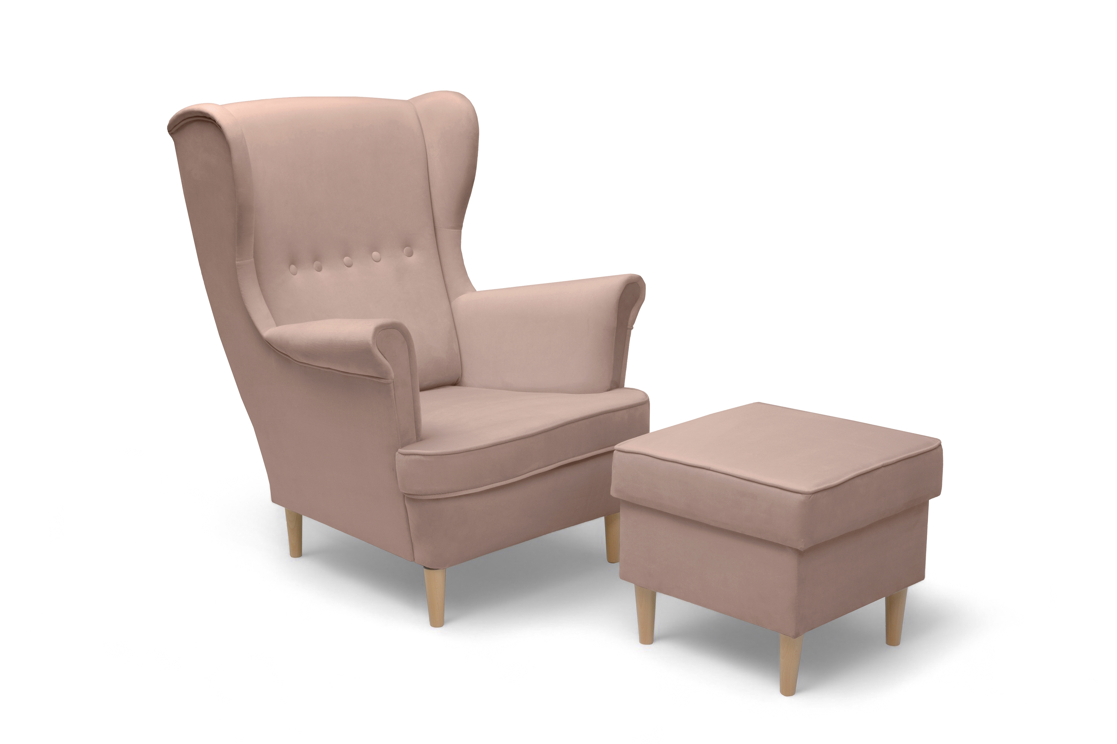 Křeslo ušák Vilano s podnožkou - růžový hydrofobní samet Matt Velvet 61 / nohy buk Křeslo Ušák Vilano z podnozkiem - Růžová samet hydrofobní  Matt Velvet 61 / Nohy buk 