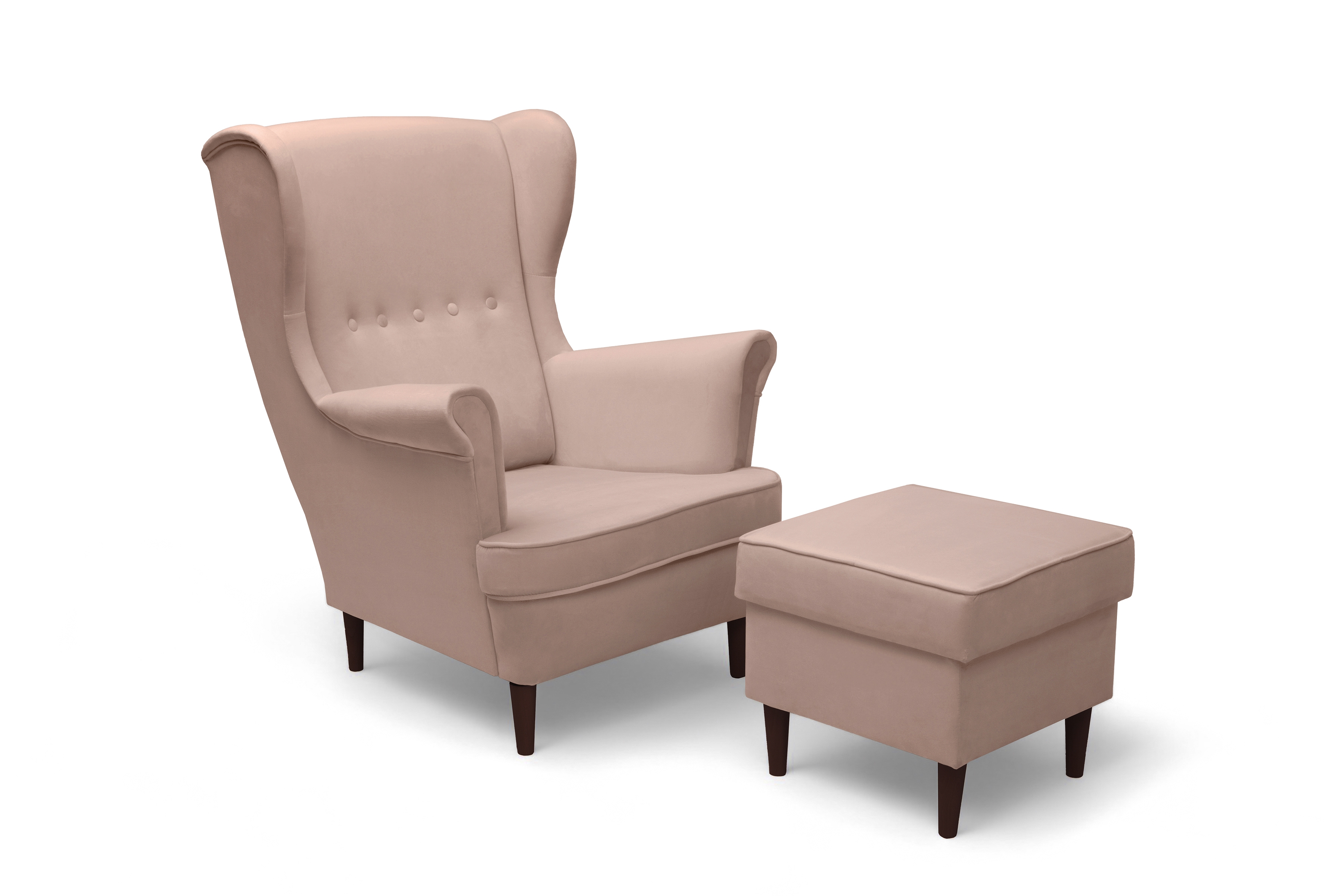 Křeslo ušák Vilano s podnožkou - růžový hydrofobní samet Matt Velvet 61 / nohy venge Křeslo Ušák Vilano z podnozkiem - Růžová samet hydrofobní  Matt Velvet 61 / Nohy Venge 