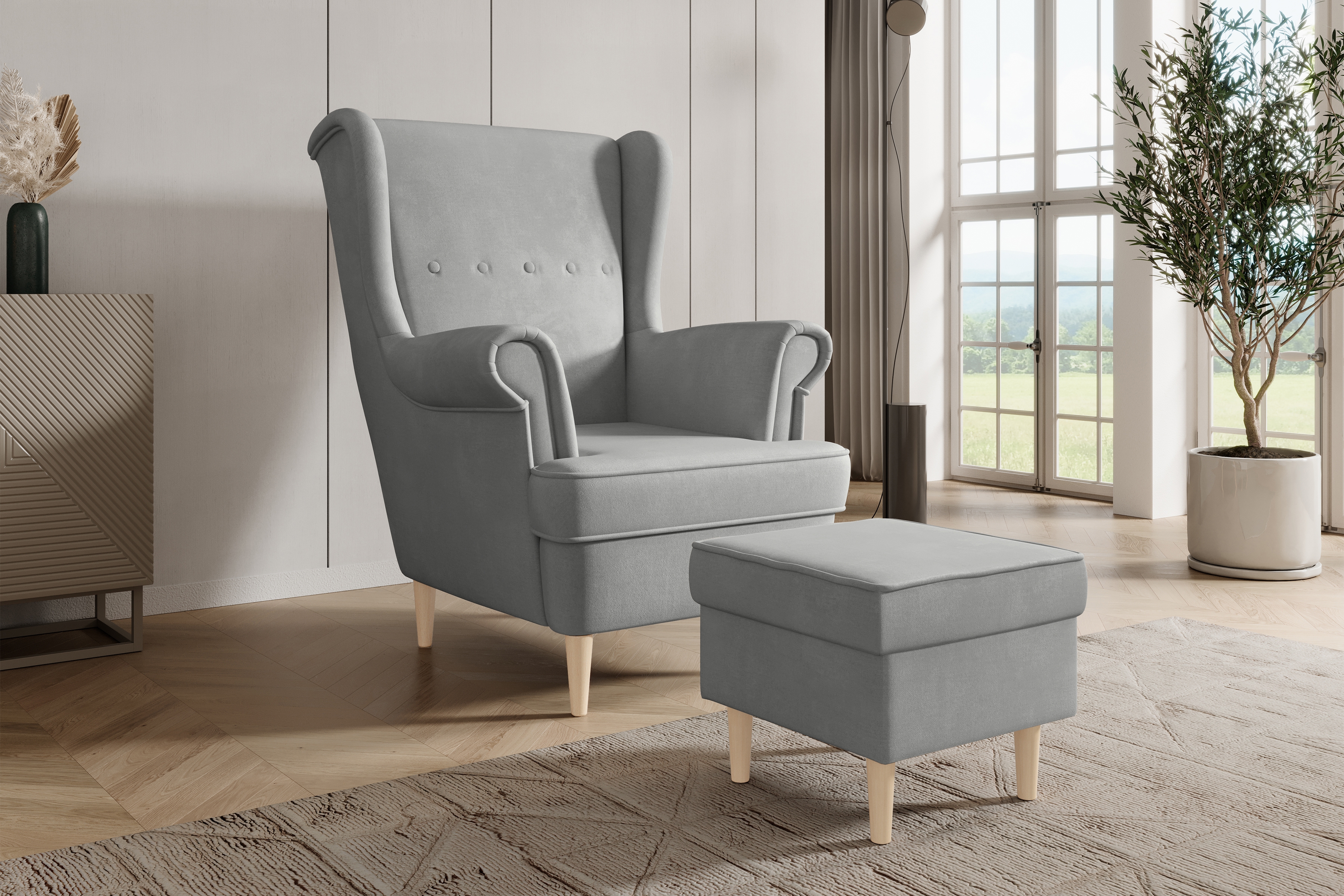 Křeslo ušák Vilano s podnožkou - šedý samet Velluto 16 / nohy buk Křeslo Ušák Vilano z podnozkiem - šedý samet Velluto 16 / Nohy buk 