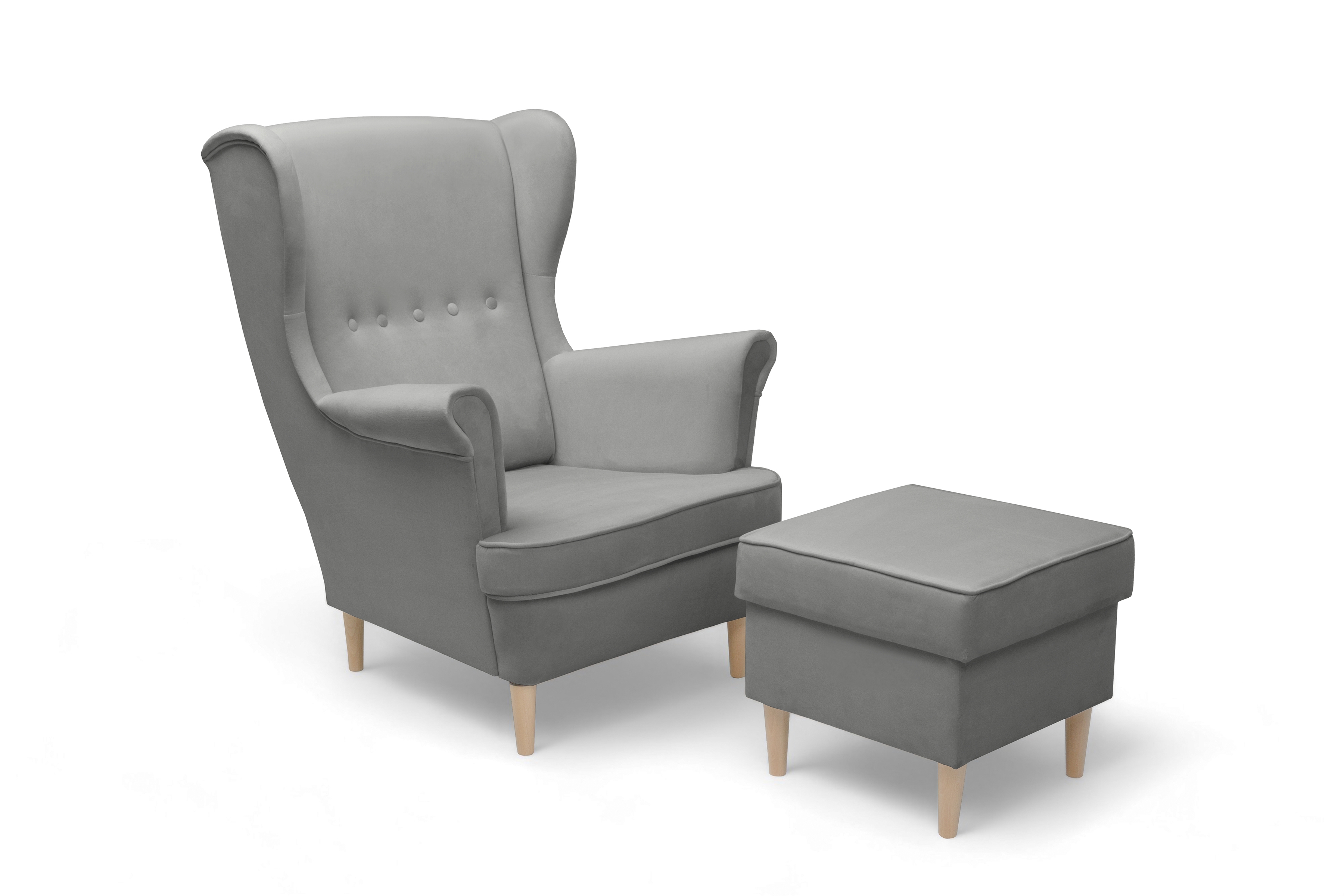 Křeslo ušák Vilano s podnožkou - šedý samet Velluto 16 / nohy buk Křeslo Ušák Vilano z podnozkiem - šedý samet Velluto 16 / Nohy buk 