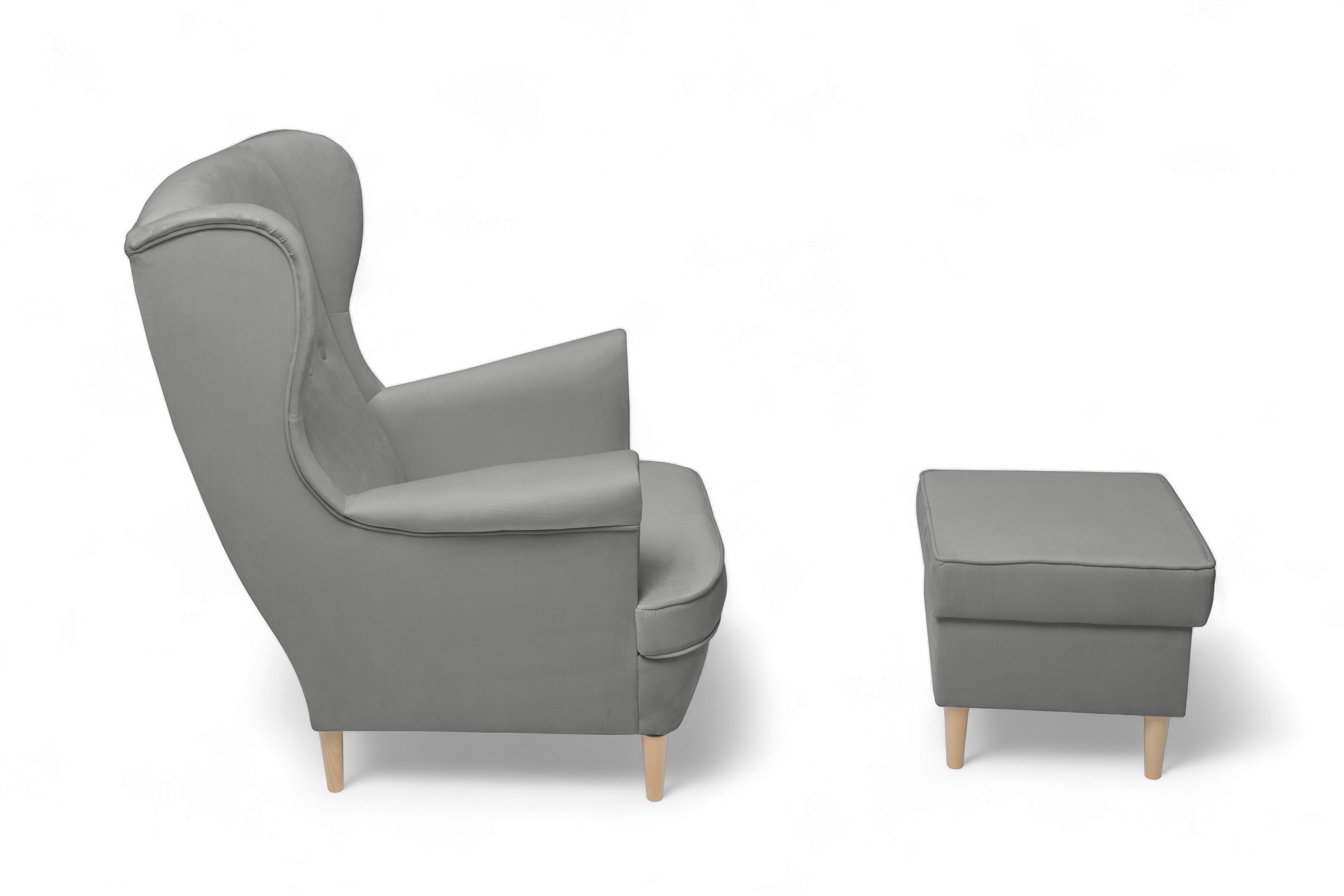 Křeslo ušák Vilano s podnožkou - šedý samet Velluto 16 / nohy buk Křeslo Ušák Vilano z podnozkiem - šedý samet Velluto 16 / Nohy buk 