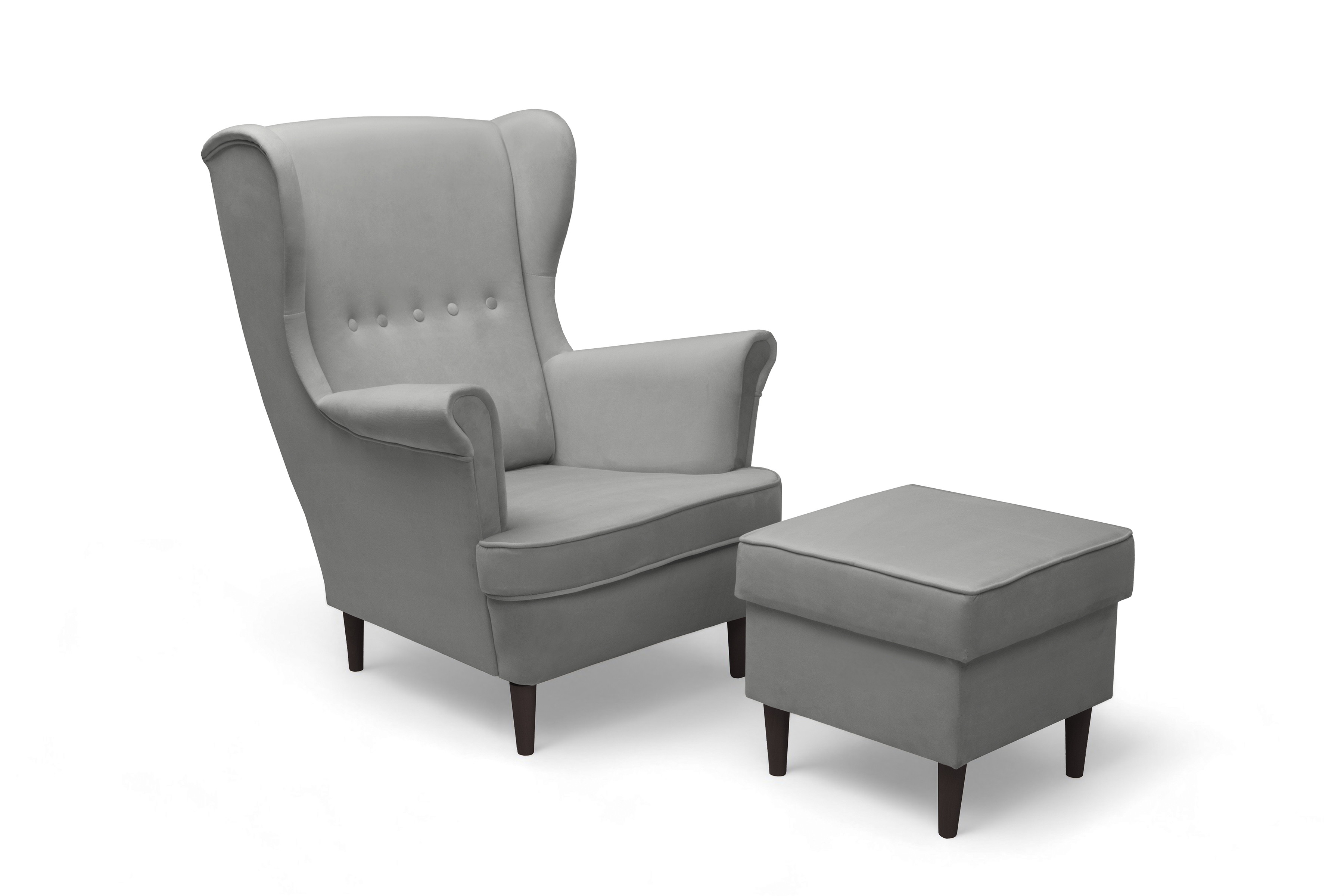 Křeslo ušák Vilano s podnožkou - šedý samet Velluto 16 / nohy venge Křeslo Ušák Vilano z podnozkiem - šedý samet Velluto 16 / Nohy Venge