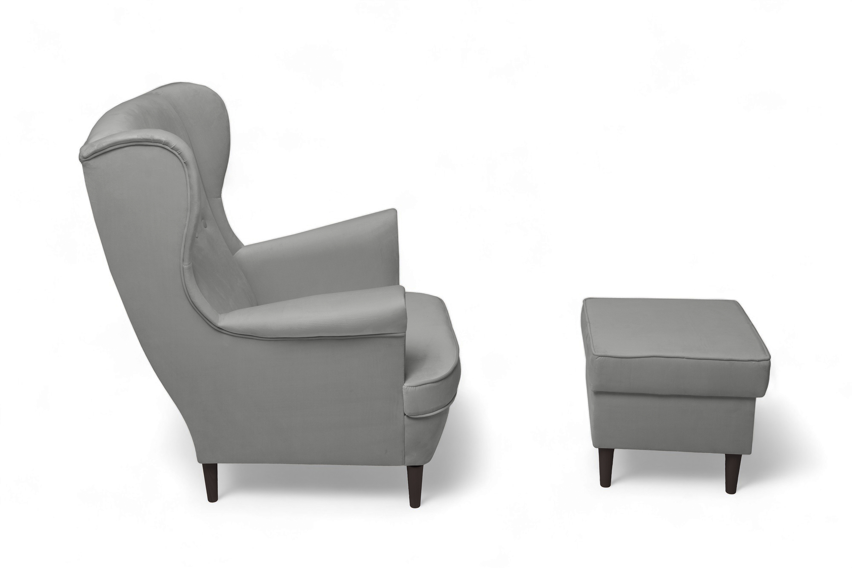 Křeslo ušák Vilano s podnožkou - šedý samet Velluto 16 / nohy venge Křeslo Ušák Vilano z podnozkiem - šedý samet Velluto 16 / Nohy Venge