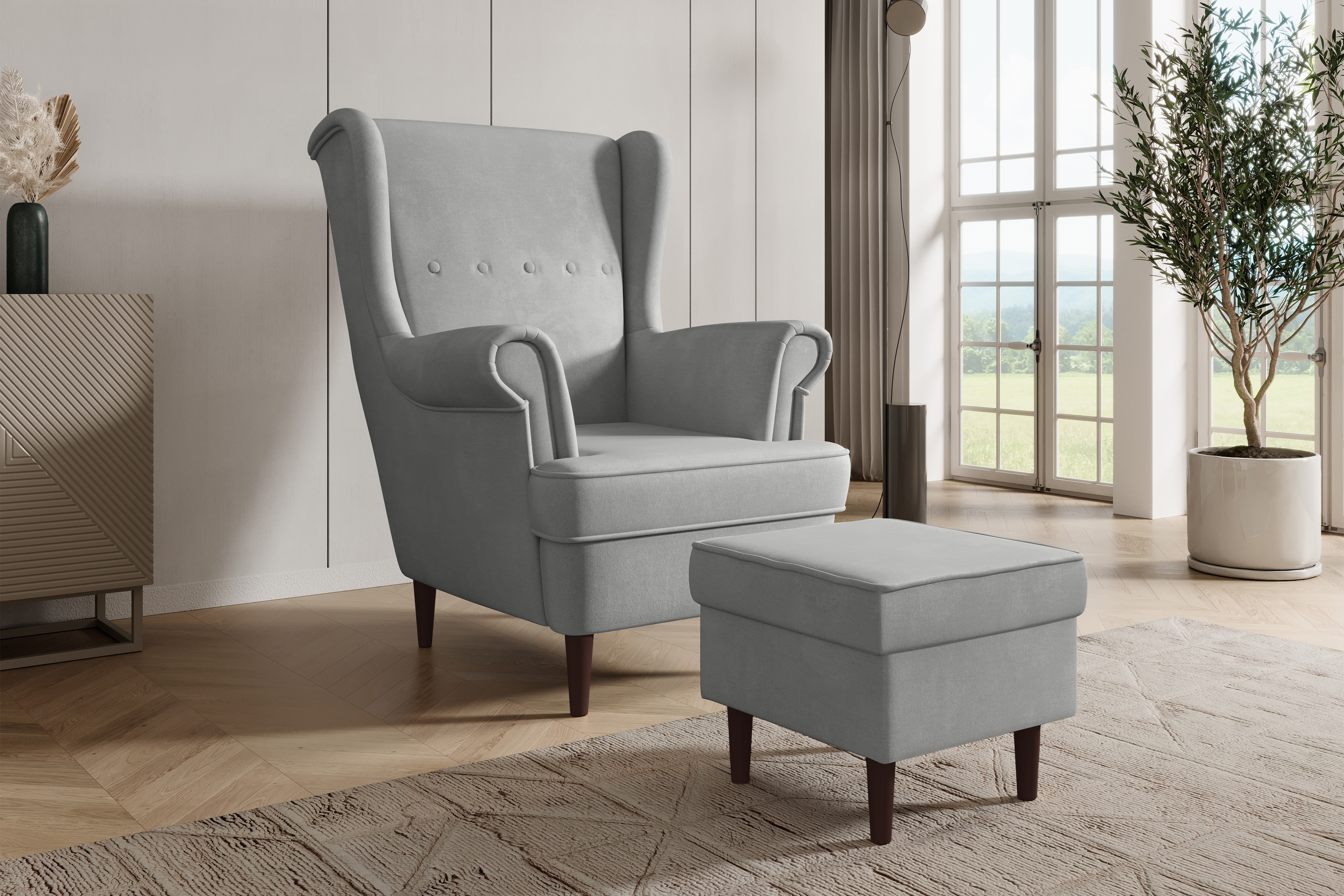 Křeslo ušák Vilano s podnožkou - šedý samet Velluto 16 / nohy venge Křeslo Ušák Vilano z podnozkiem - šedý samet Velluto 16 / Nohy Venge