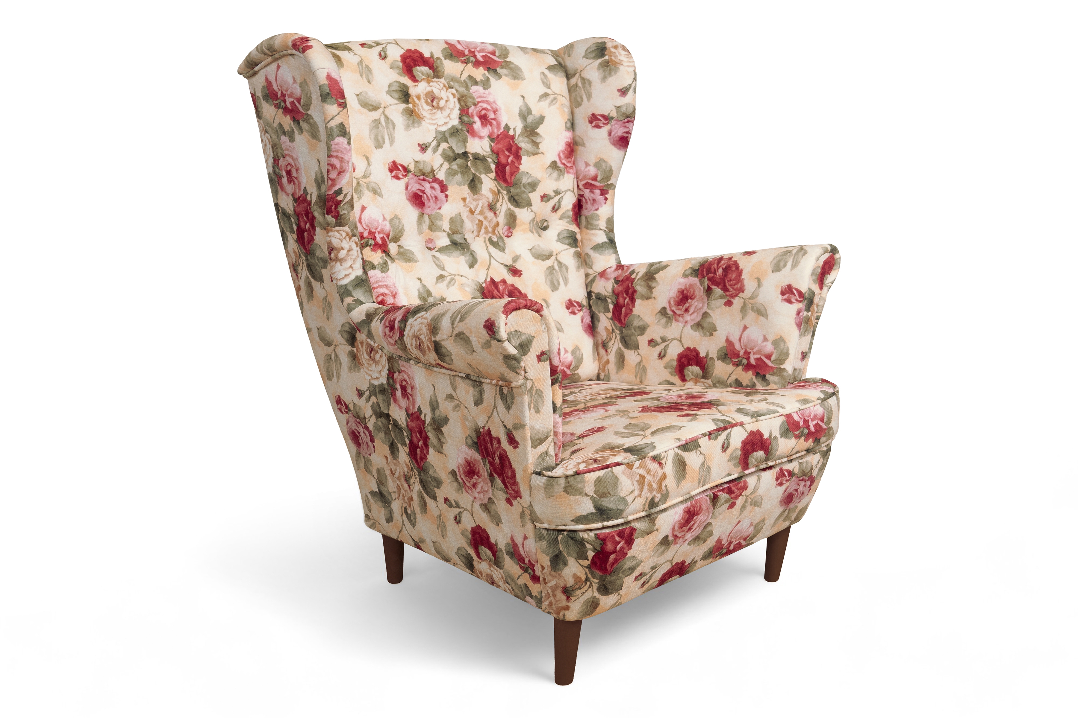 Křeslo ušák Vilano s podnožkou - květinový vzor Coral WM 82 / nohy wenge Křeslo Ušák Vilano z podnozkiem - potahová látka drukowana w kwiaty Coral WM 82 / Nohy Venge 