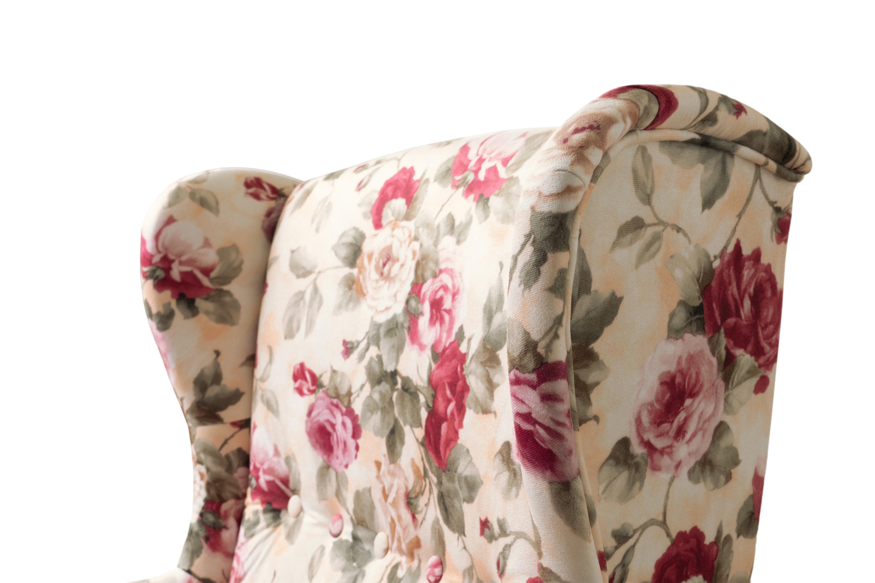 Křeslo ušák Vilano s podnožkou - květinový vzor Coral WM 82 / nohy wenge Křeslo Ušák Vilano z podnozkiem - potahová látka drukowana w kwiaty Coral WM 82 / Nohy Venge 