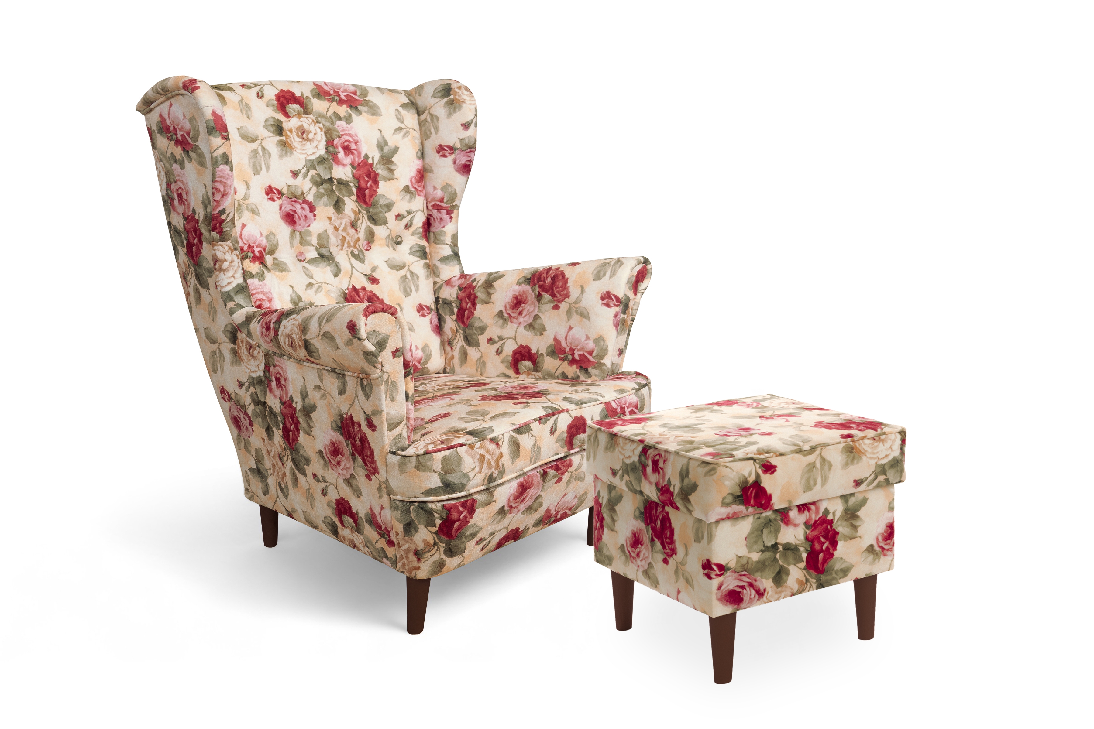 Křeslo ušák Vilano s podnožkou - květinový vzor Coral WM 82 / nohy wenge Křeslo Ušák Vilano z podnozkiem - potahová látka drukowana w kwiaty Coral WM 82 / Nohy Venge 