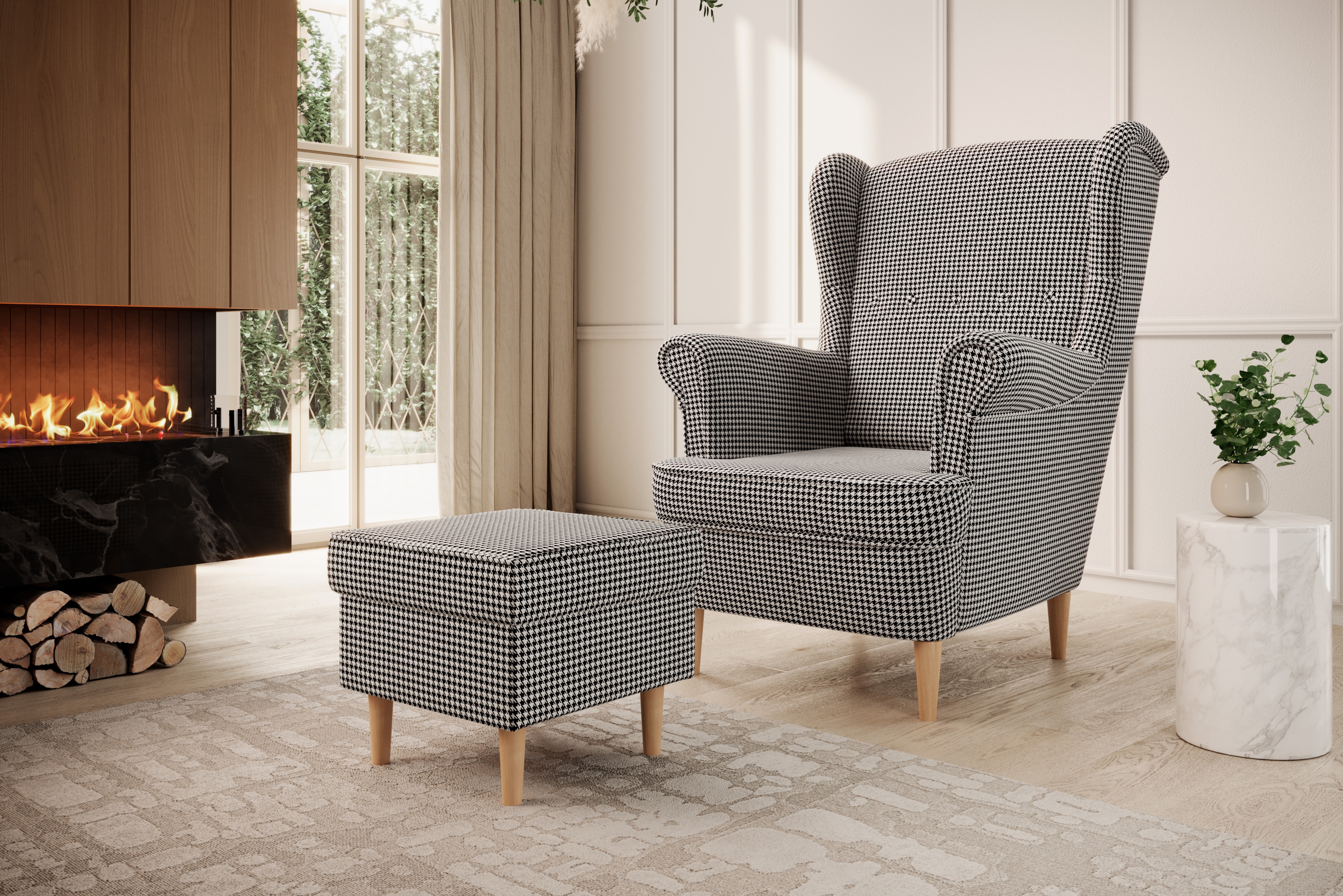 Křeslo ušák Vilano s podnožkou - vzor Kenia 700 / nohy buk Křeslo Ušák Vilano z podnozkiem - wzor pepitka Kenia 700, Nohy buk 